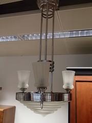 1930 Chandelier by G. Leleu Chromed Brass Stained Glass