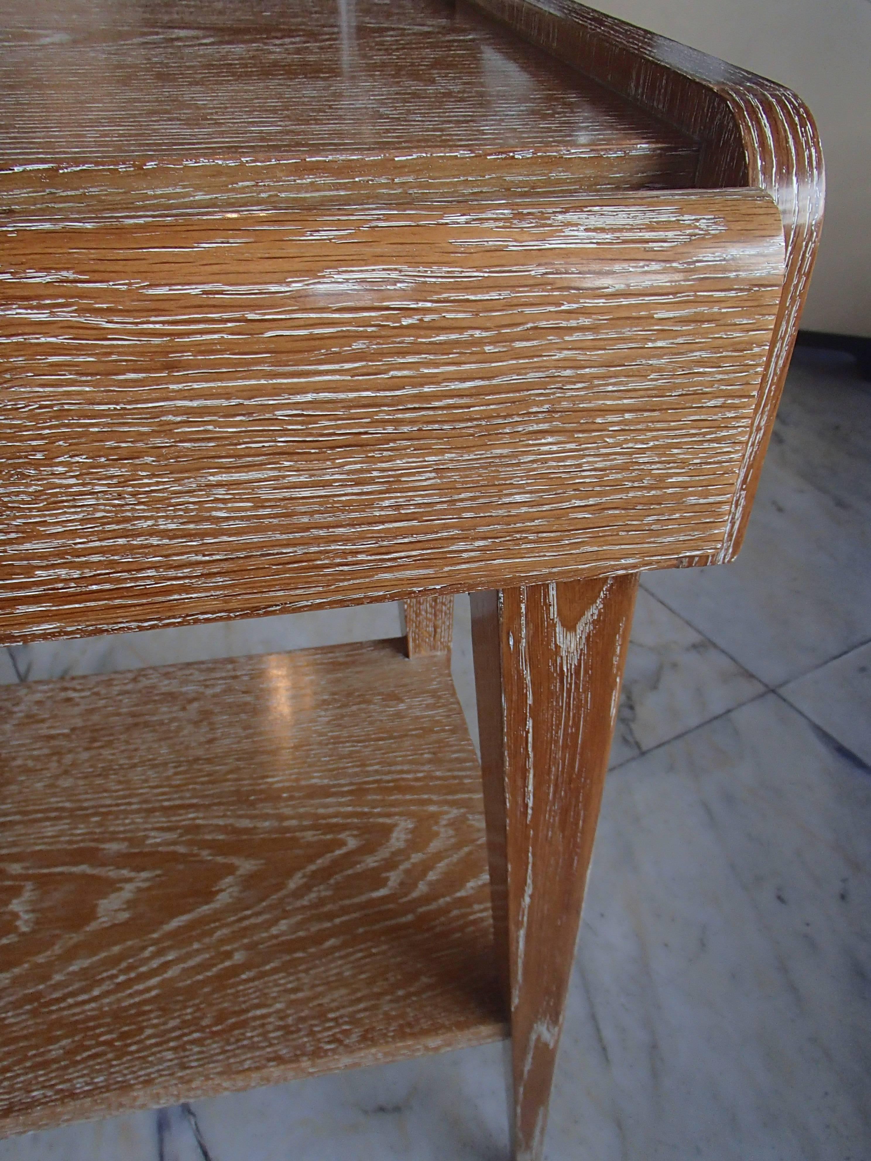 Pair of 1940 Side Tables or Nightstands Cerused Oak Pink Glass Handle 2