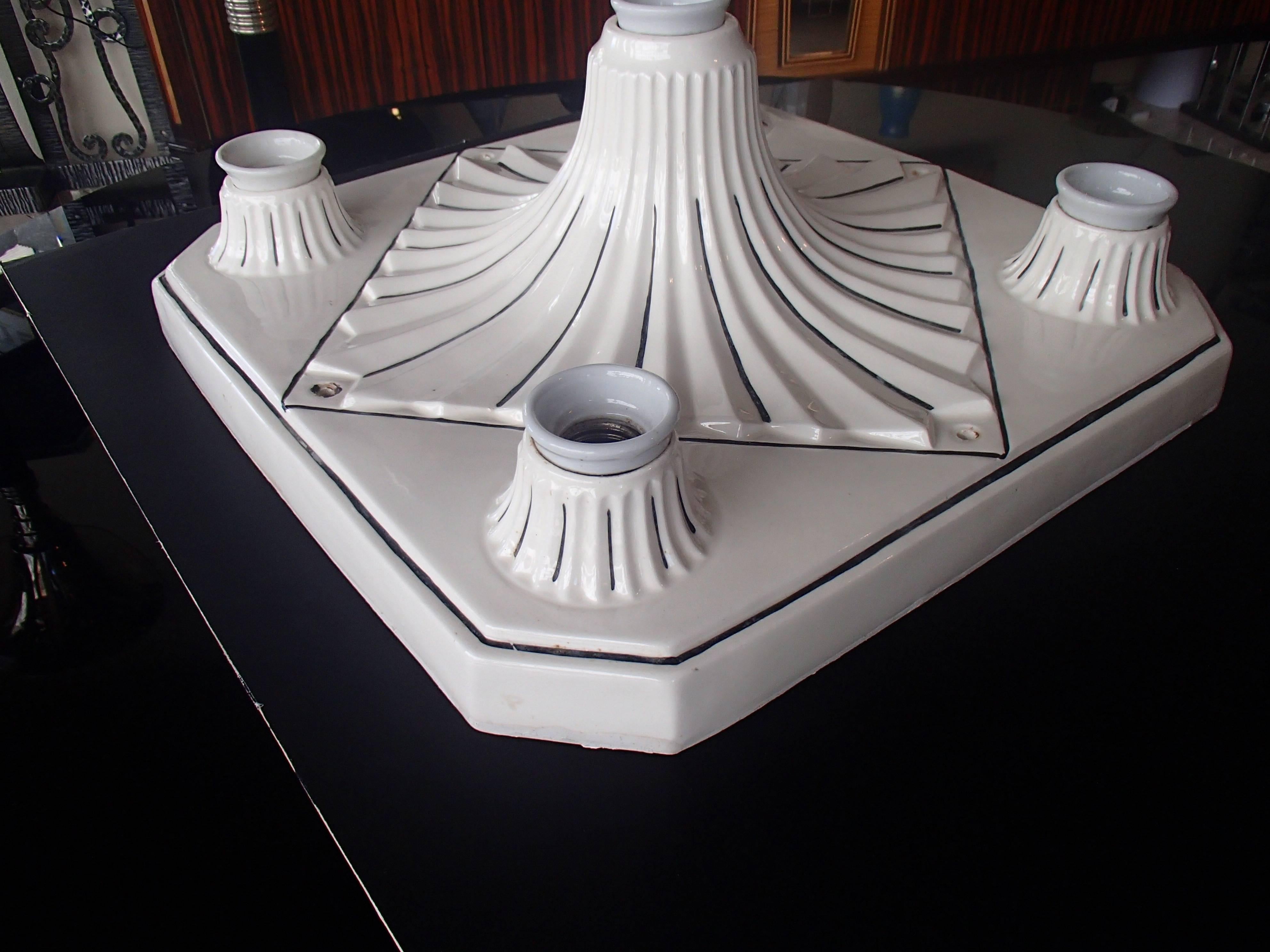 German 19th Century Huge Porcelain Ceiling Lamp White Black Lines