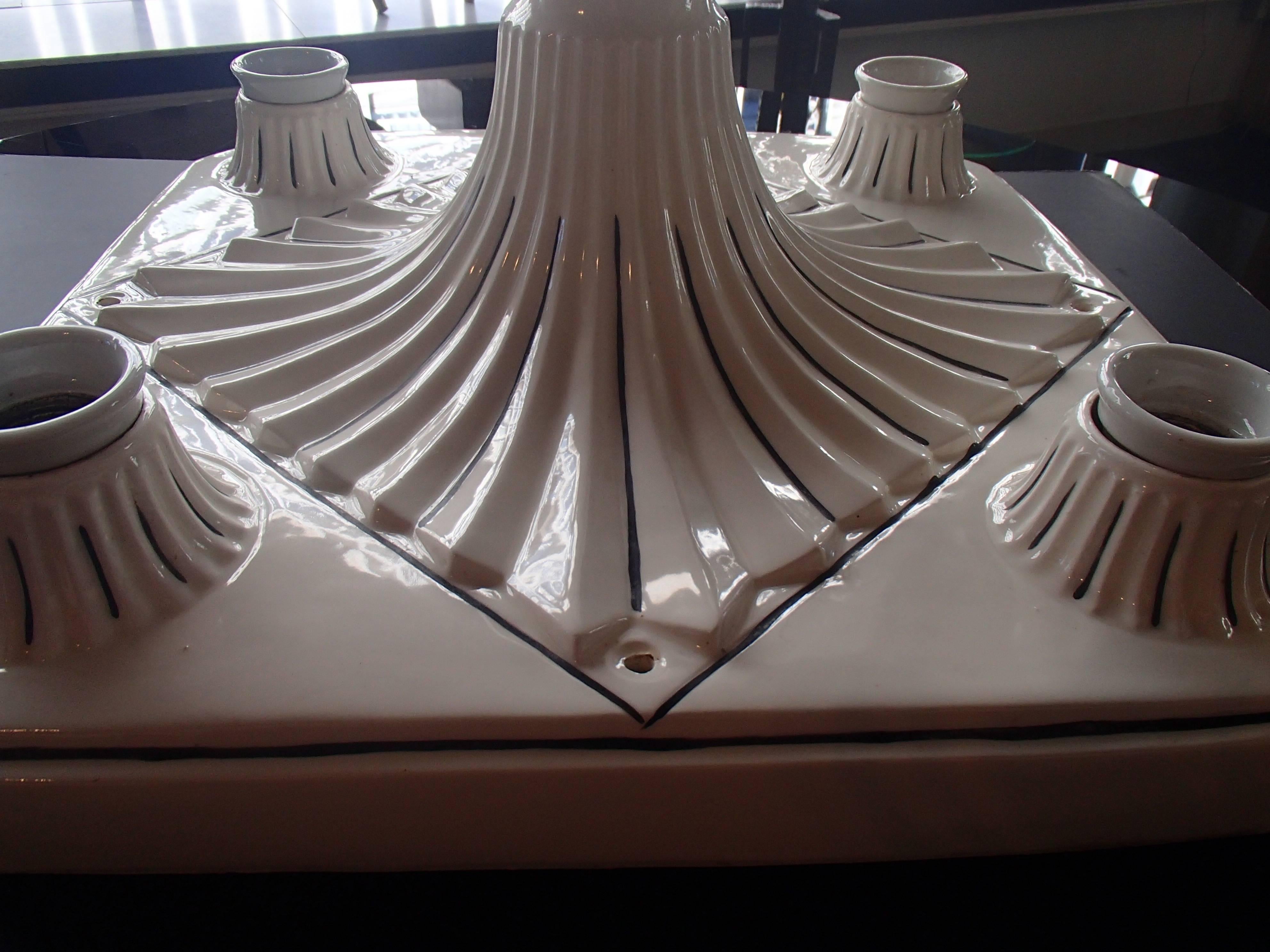 19th Century Huge Porcelain Ceiling Lamp White Black Lines In Excellent Condition In Weiningen, CH