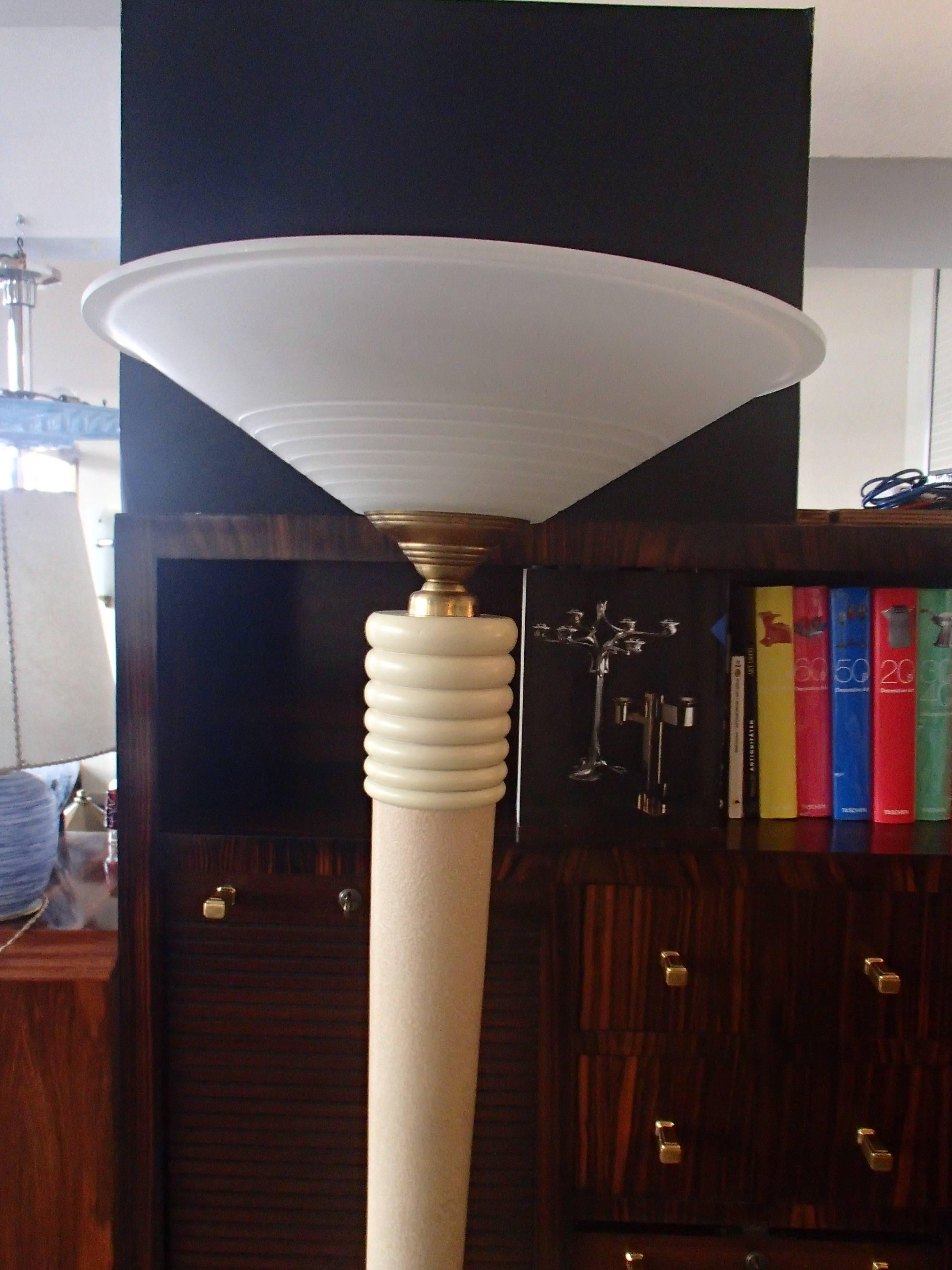 Hughe floor lamp sculpted ivory lacquered with beautiful details with satin glass shade.