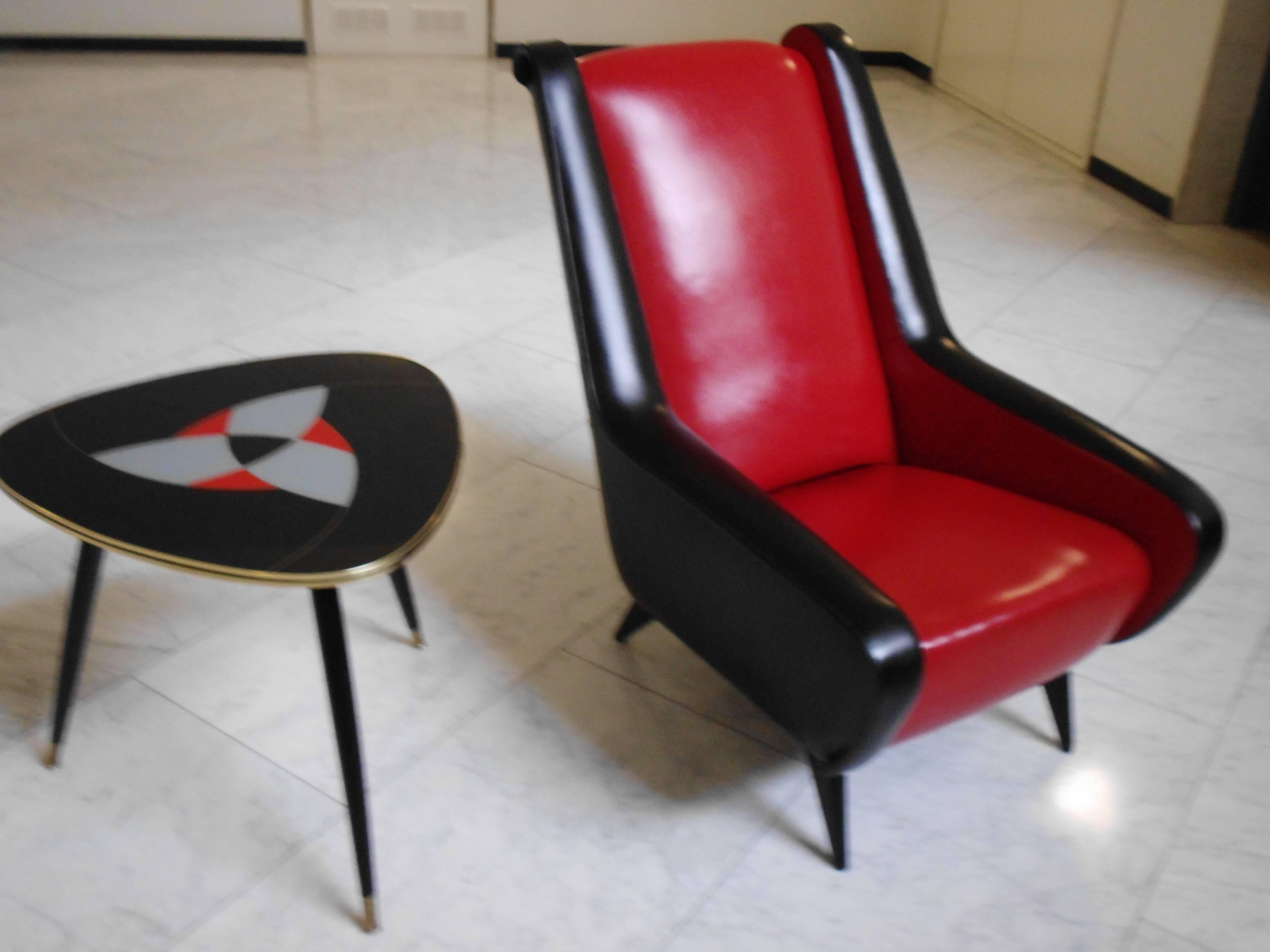 French Mid-Century Red and Black Origin Leatherette Lounge Chair