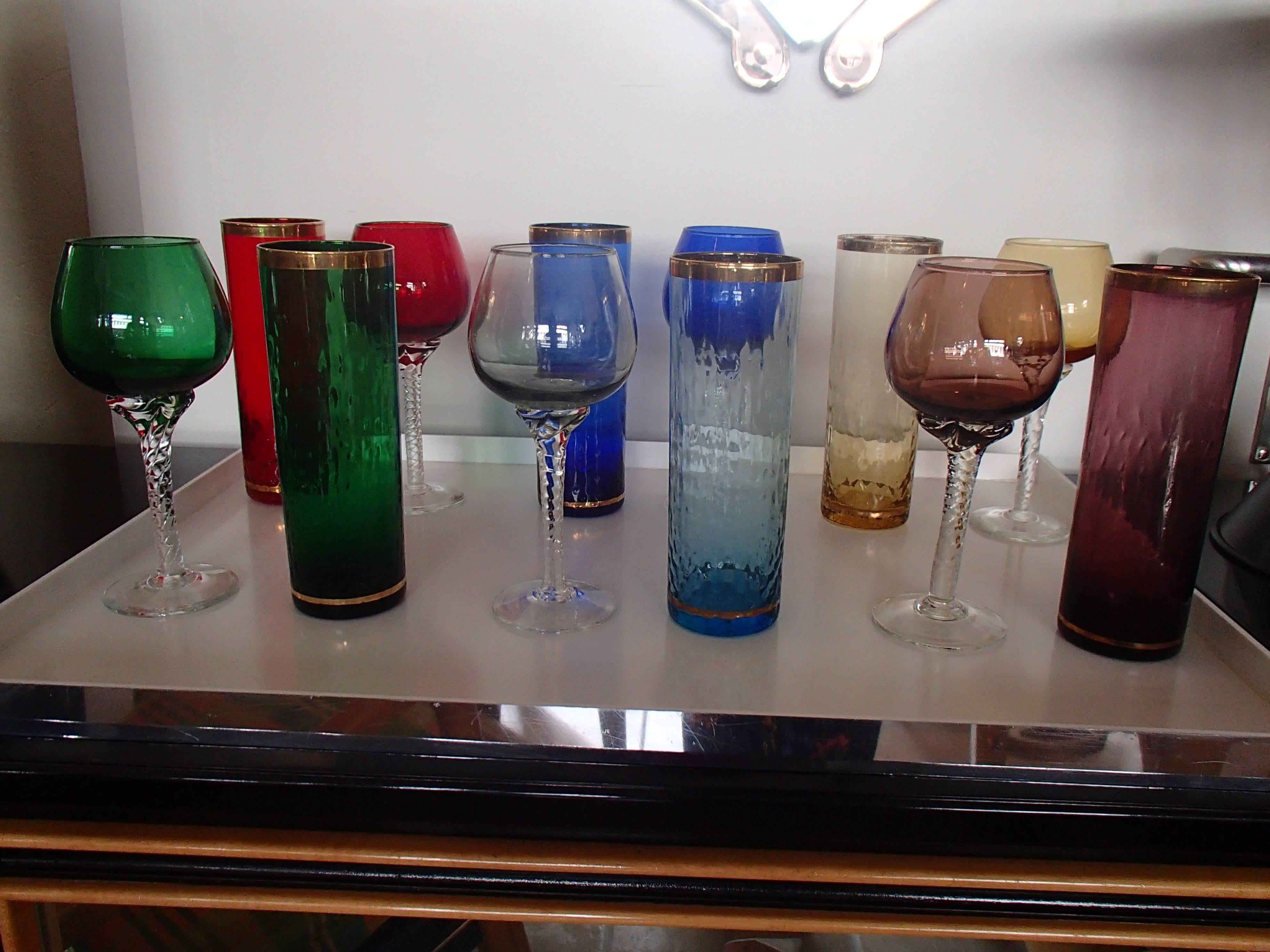 Blown Glass 1950 Colorful Set of Murano Wine and Water Drinking Glasses for Six