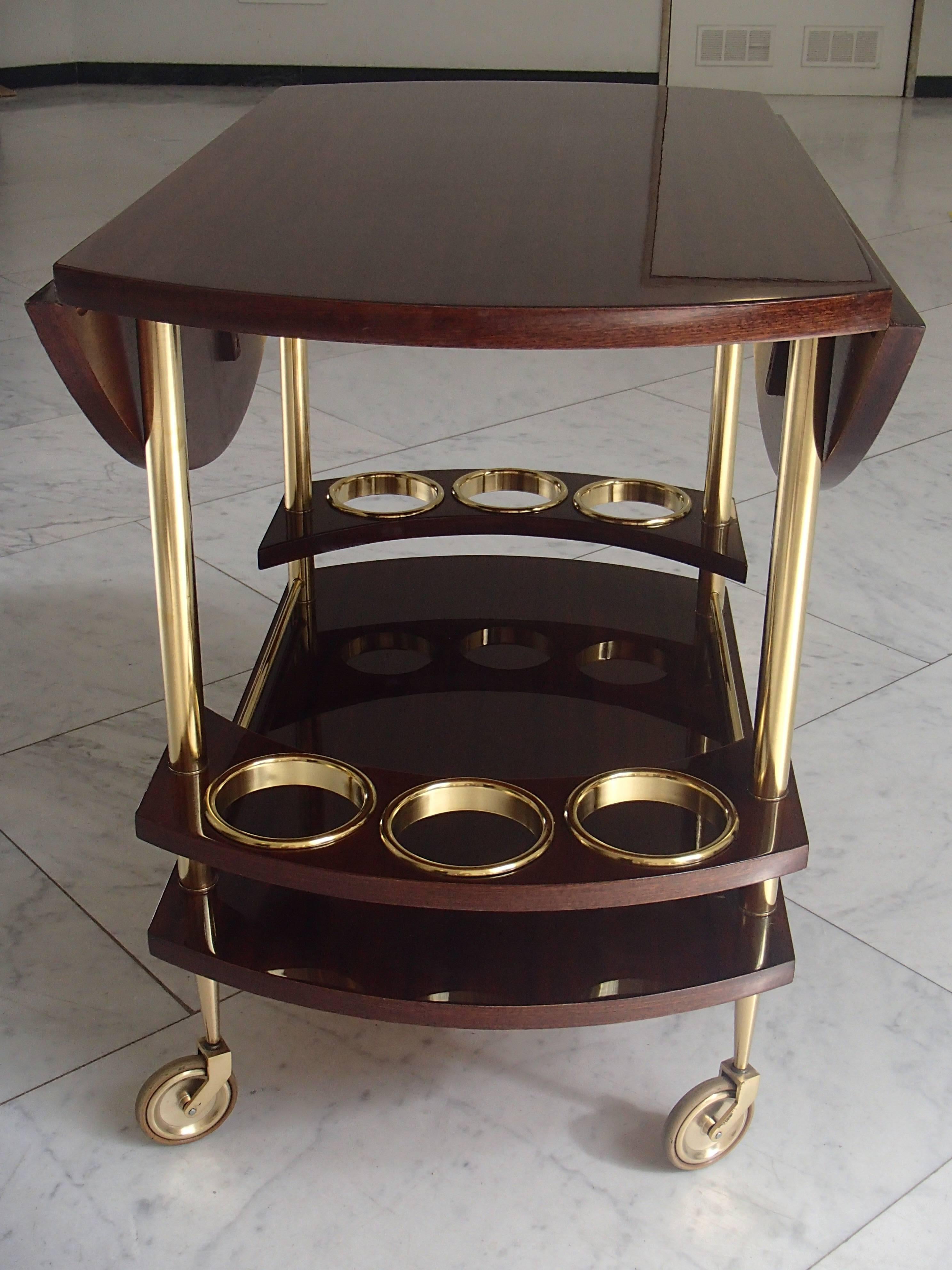 French Mid-Century Trolley Bar Cart Full Mahogany Brass Round with Drop-Leaves