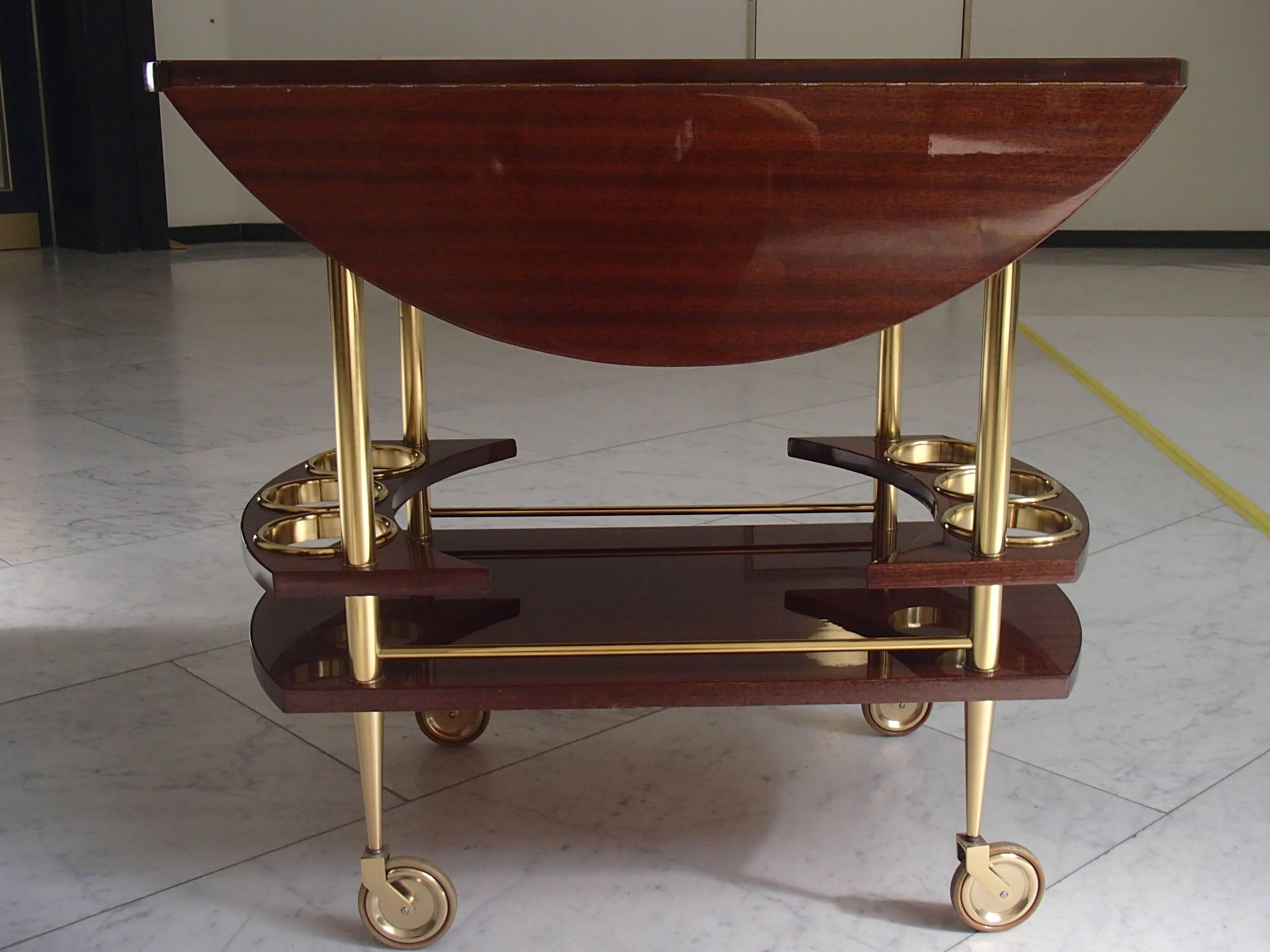 Mid-Century Modern Mid-Century Trolley Bar Cart Full Mahogany Brass Round with Drop-Leaves