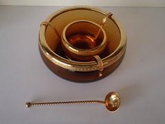 Mid-Century Caviar Bowl with Spoon Amber Glass and Brass