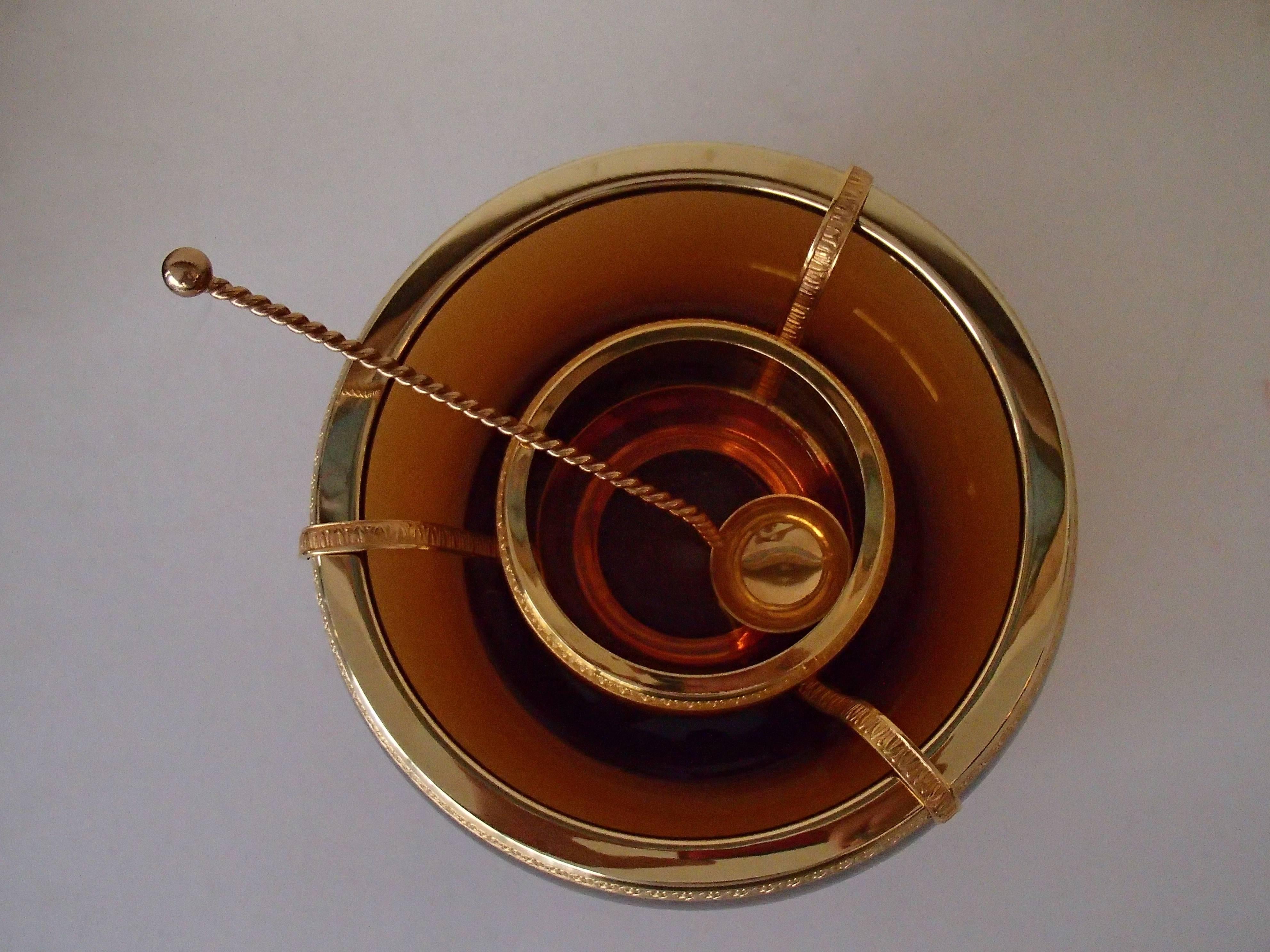 Mid-Century Modern Mid-Century Caviar Bowl with Spoon Amber Glass and Brass