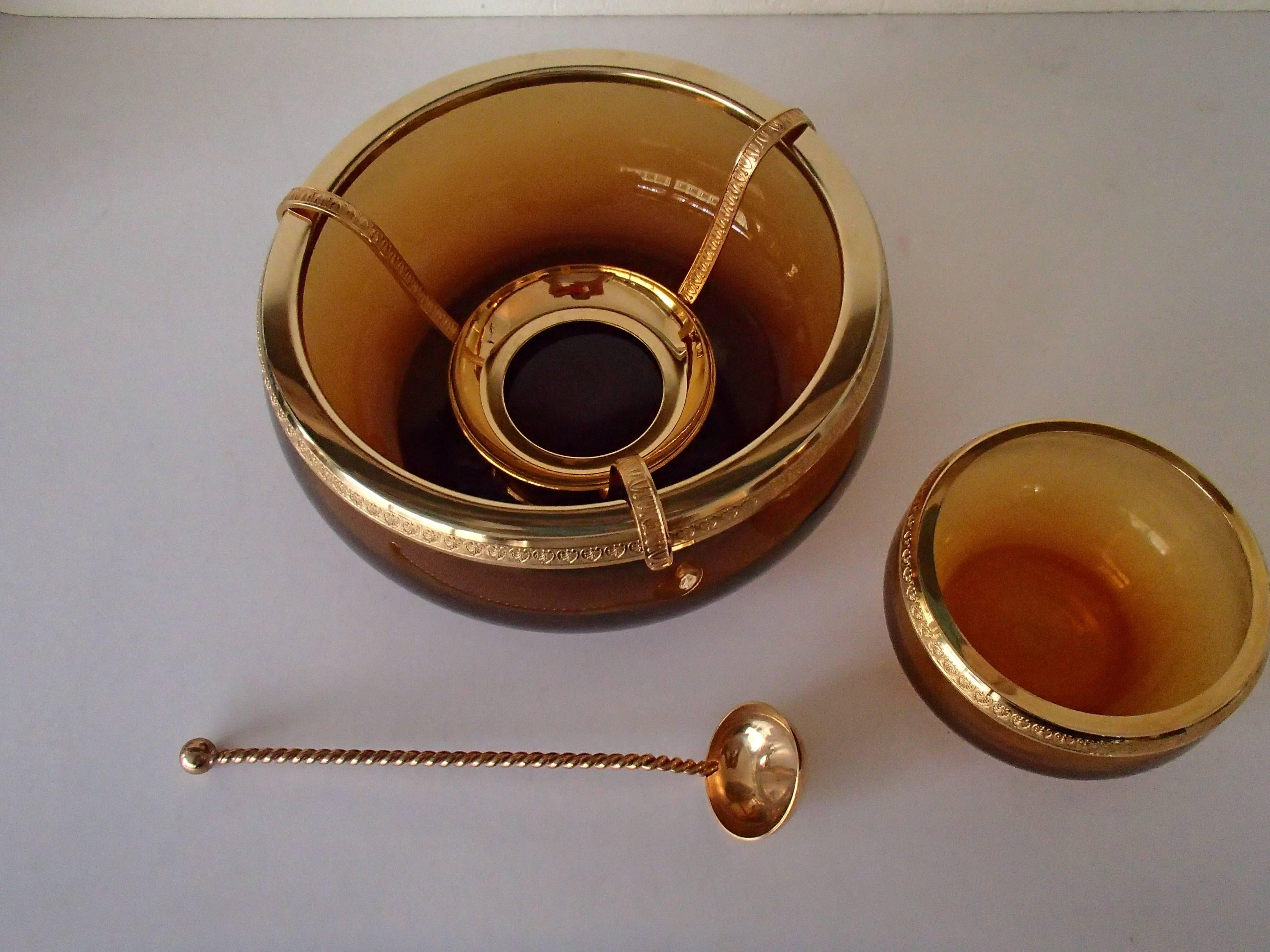European Mid-Century Caviar Bowl with Spoon Amber Glass and Brass
