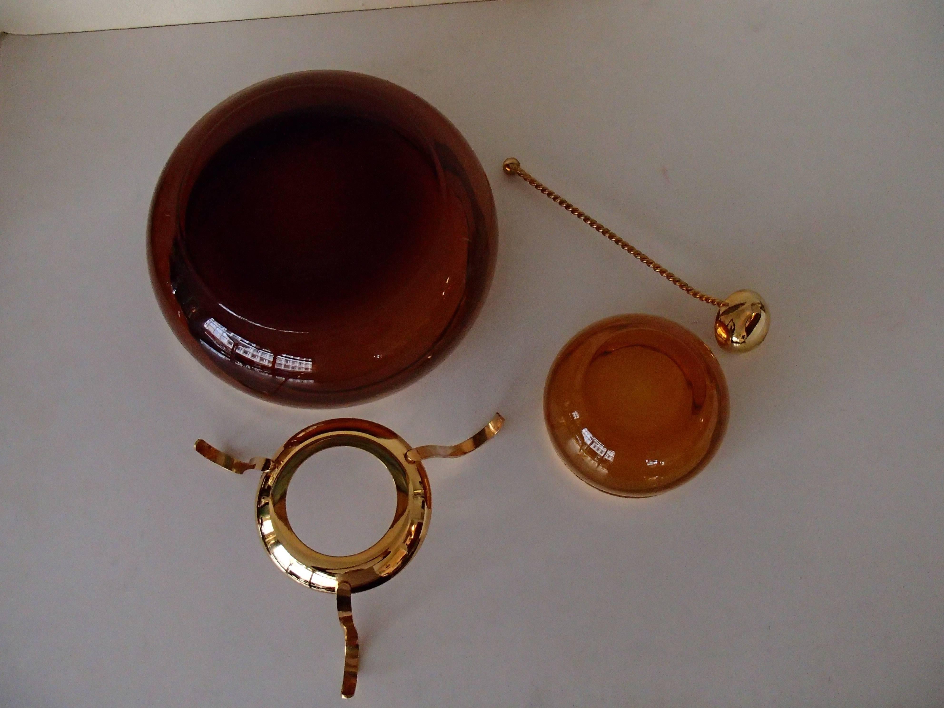Engraved Mid-Century Caviar Bowl with Spoon Amber Glass and Brass