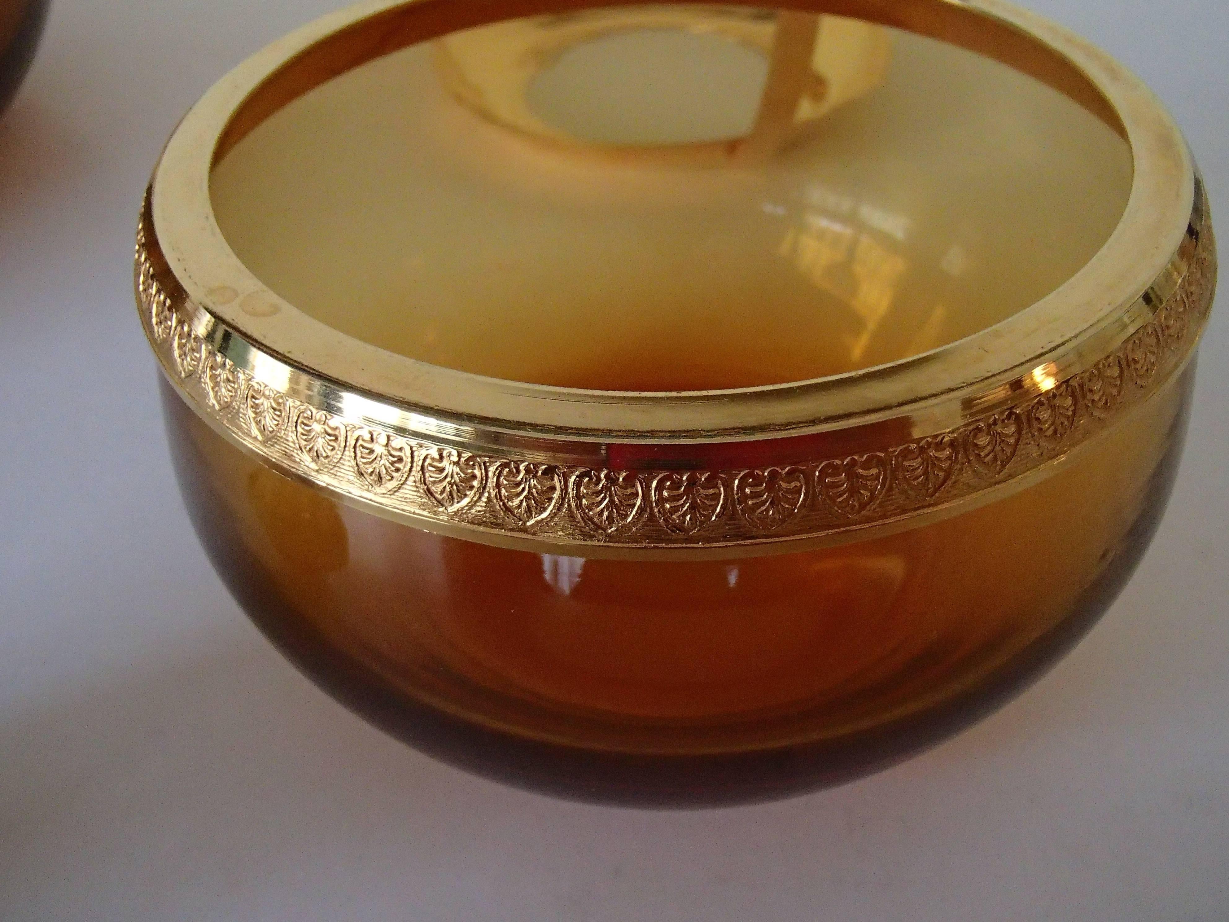 Mid-Century Caviar Bowl with Spoon Amber Glass and Brass 1