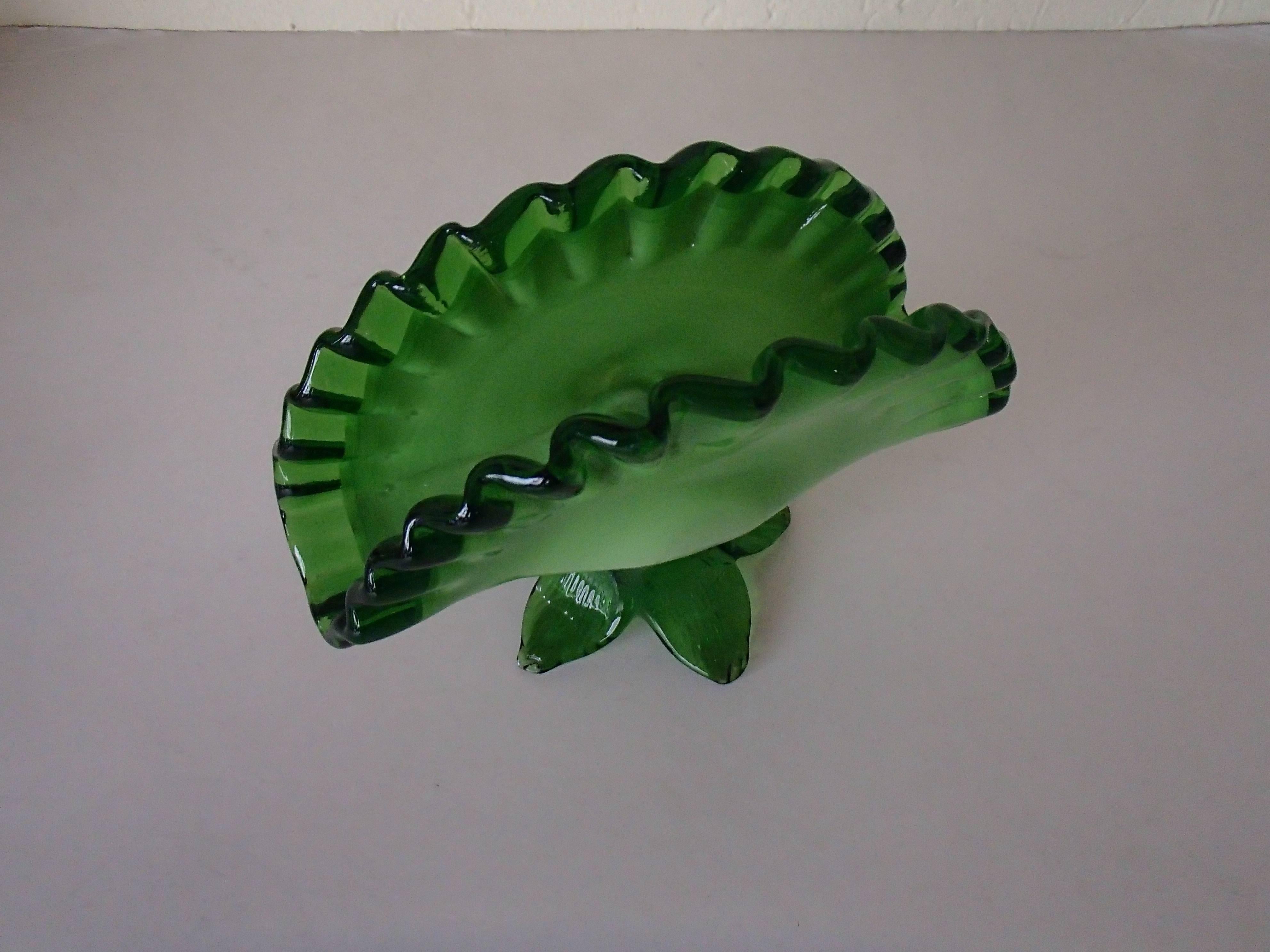 Italian Mid-Century Murano Table Cloth or Letter Holder Two-Toned Green Glass For Sale