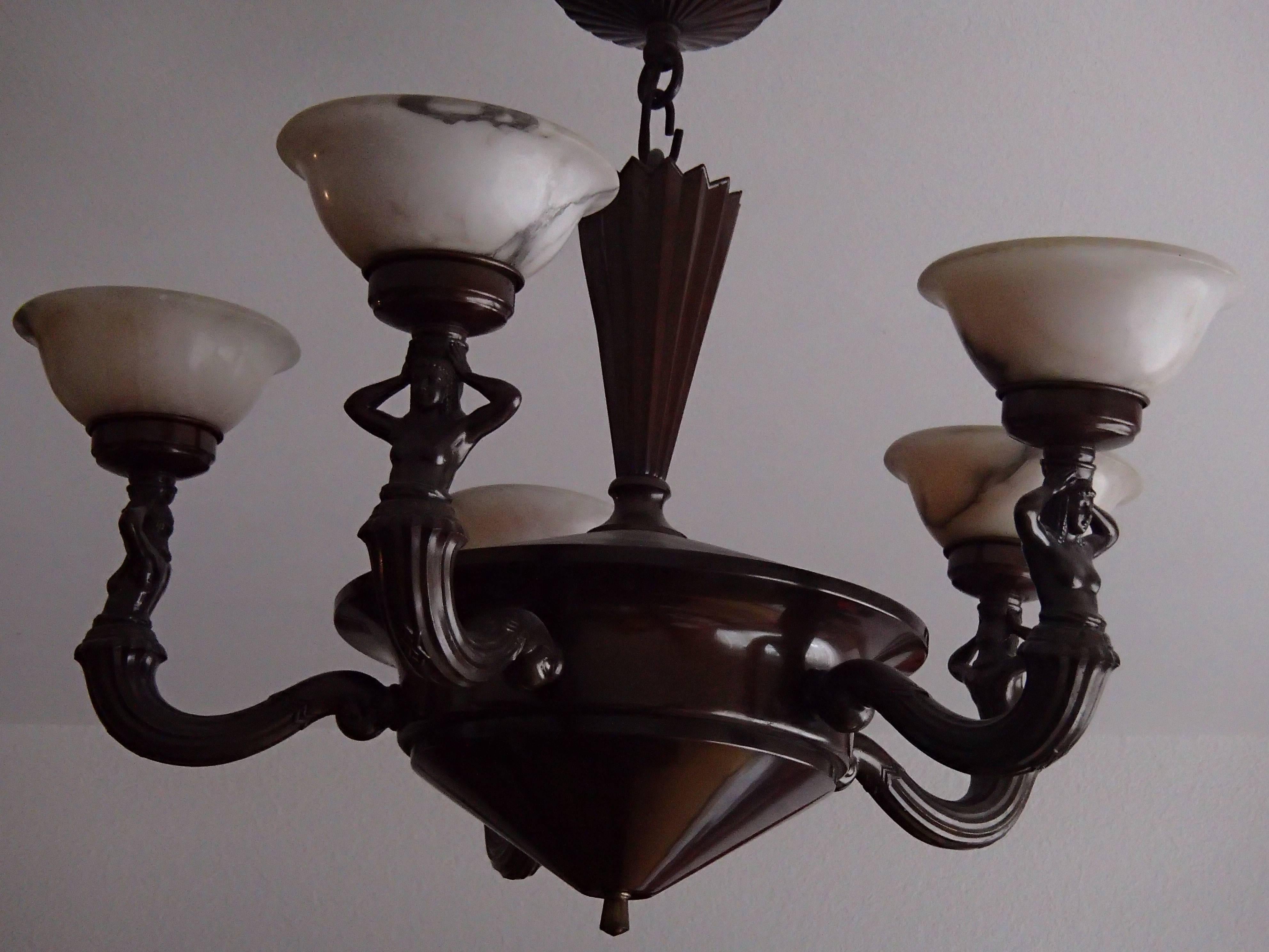 19th century bronze chandelier with five alabaster cups female figures.