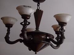 19th Century Bronze Chandelier with Five Alabaster Cups Female Figures