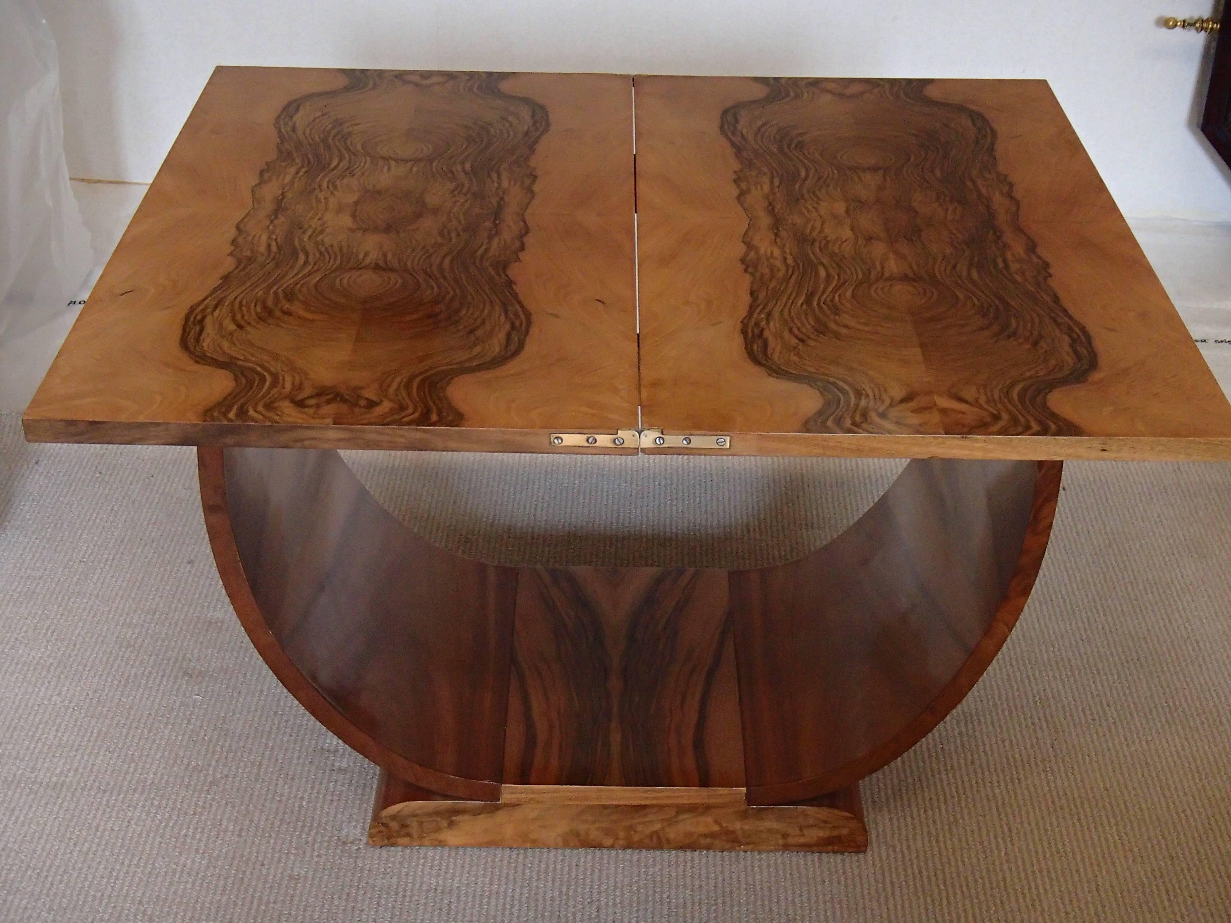 French Art Déco Console Side Table Coffee Table Foldable Walnut Burr U Shaped Leg