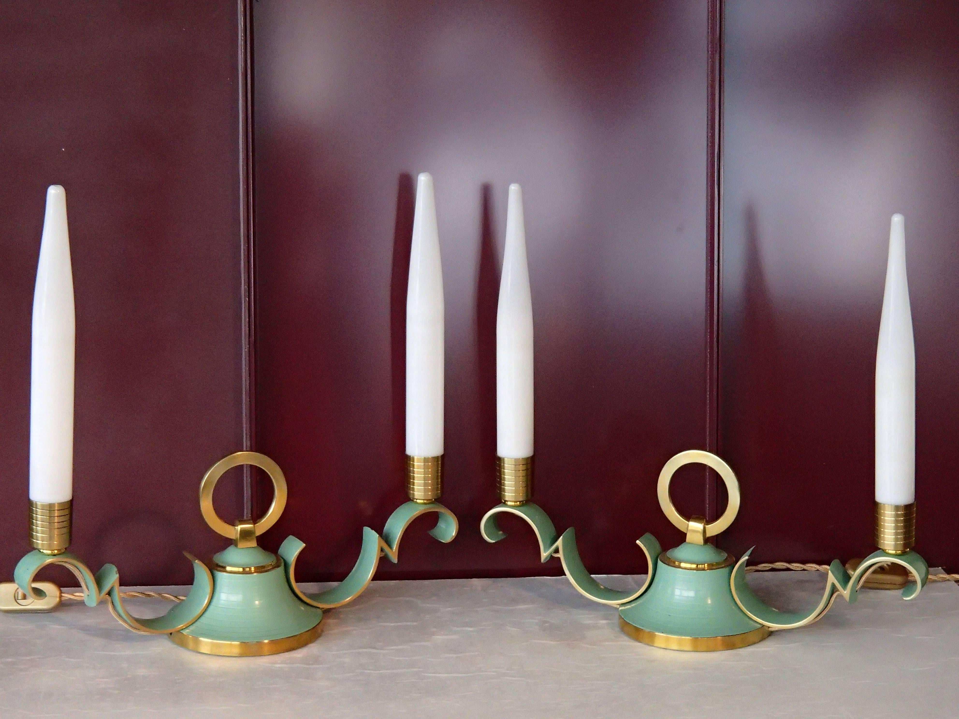 Pair of 1940 brass table bedside or sideboard lamps with green emanel and opal tubes. The tubes are slightly different high and minor loses of paint.