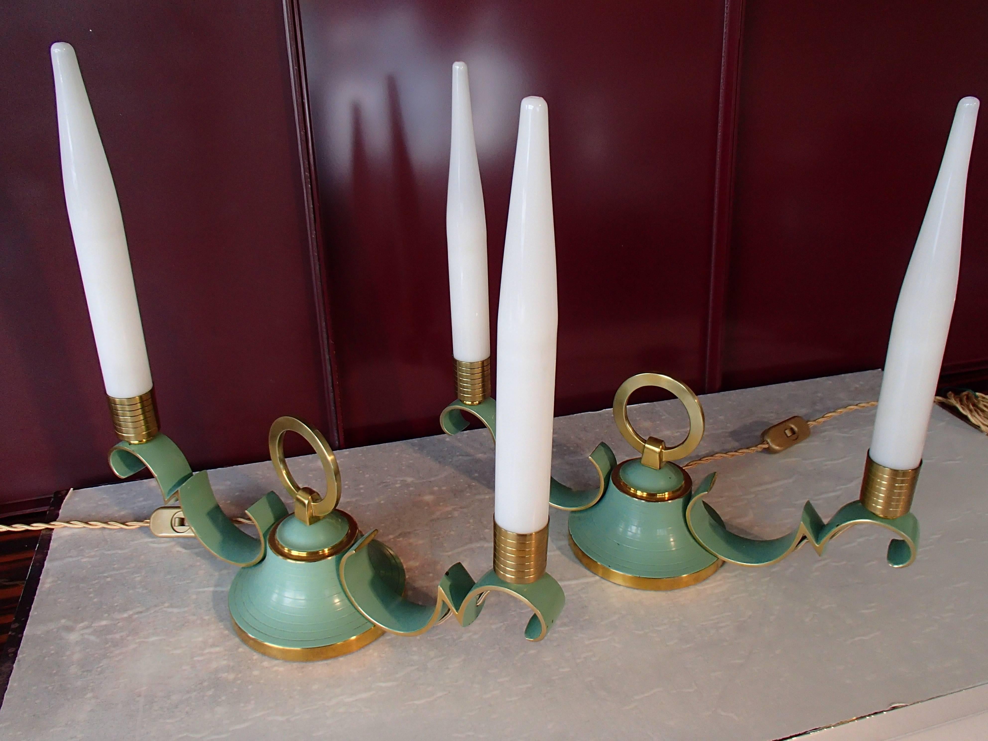 Enamel Pair of 1940 Sideboard, Table Bedside Lamps Green Brass Opal Tubes