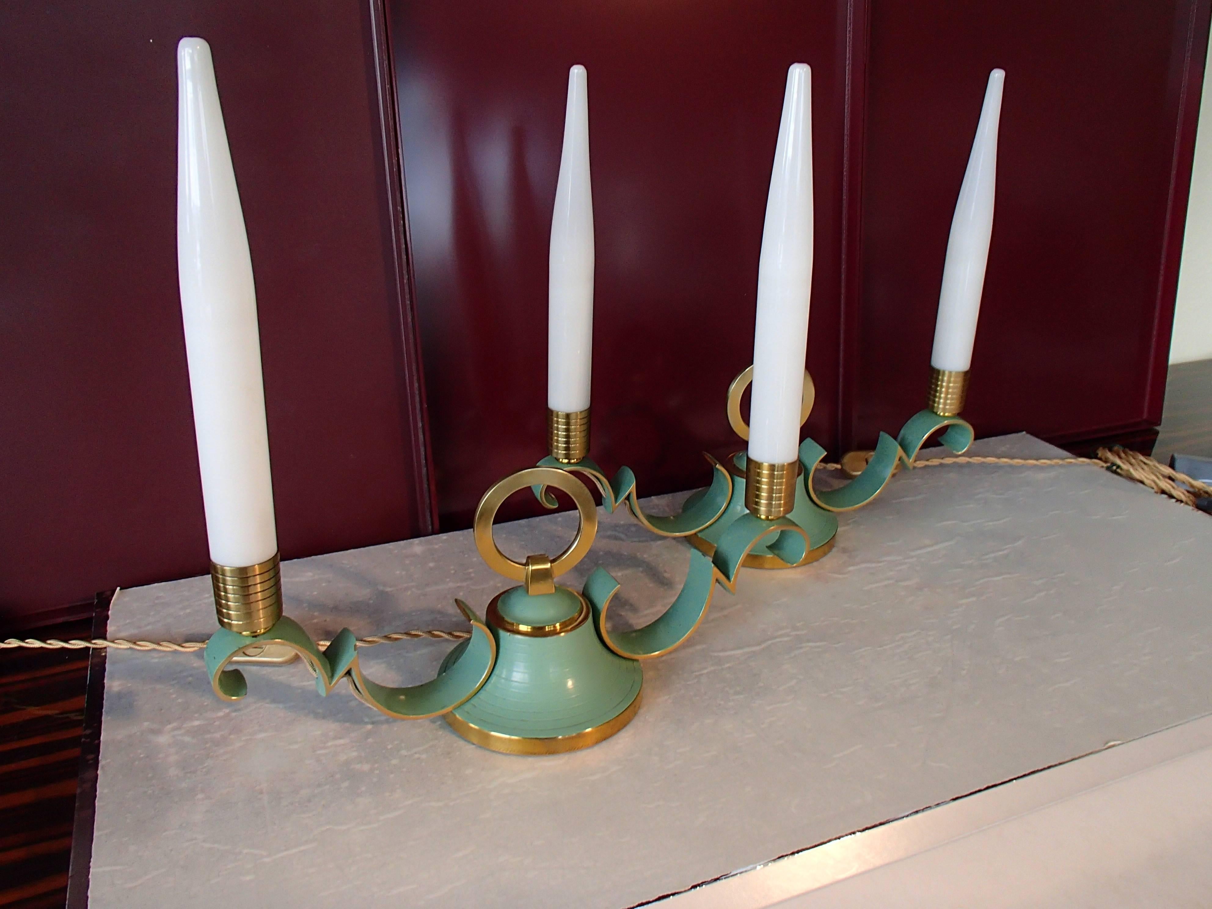 Pair of 1940 Sideboard, Table Bedside Lamps Green Brass Opal Tubes 1