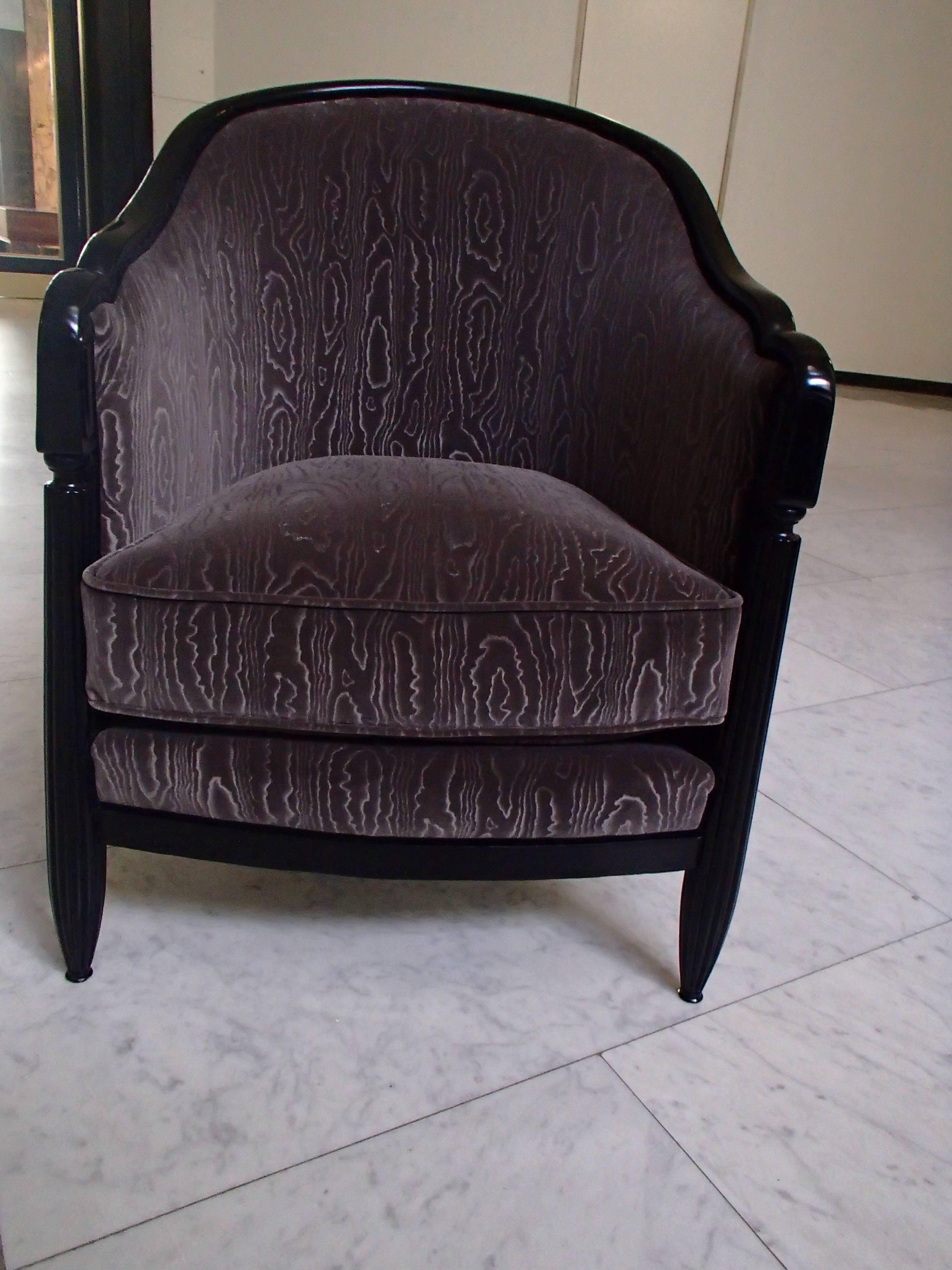 Pair of 1920 Bergères Armchairs Ebonized Wood Anthracite Moire Velvet 2