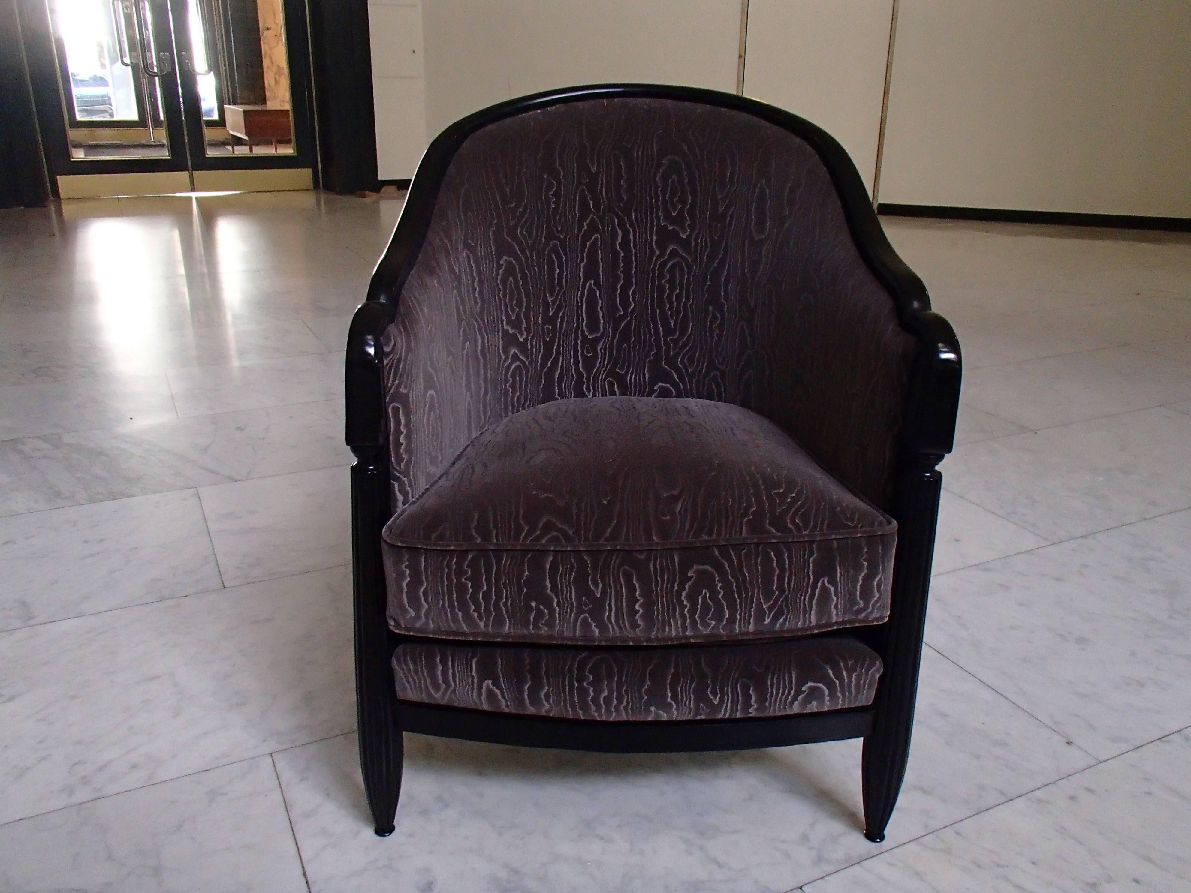 Lacquered Pair of 1920 Bergères Armchairs Ebonized Wood Anthracite Moire Velvet