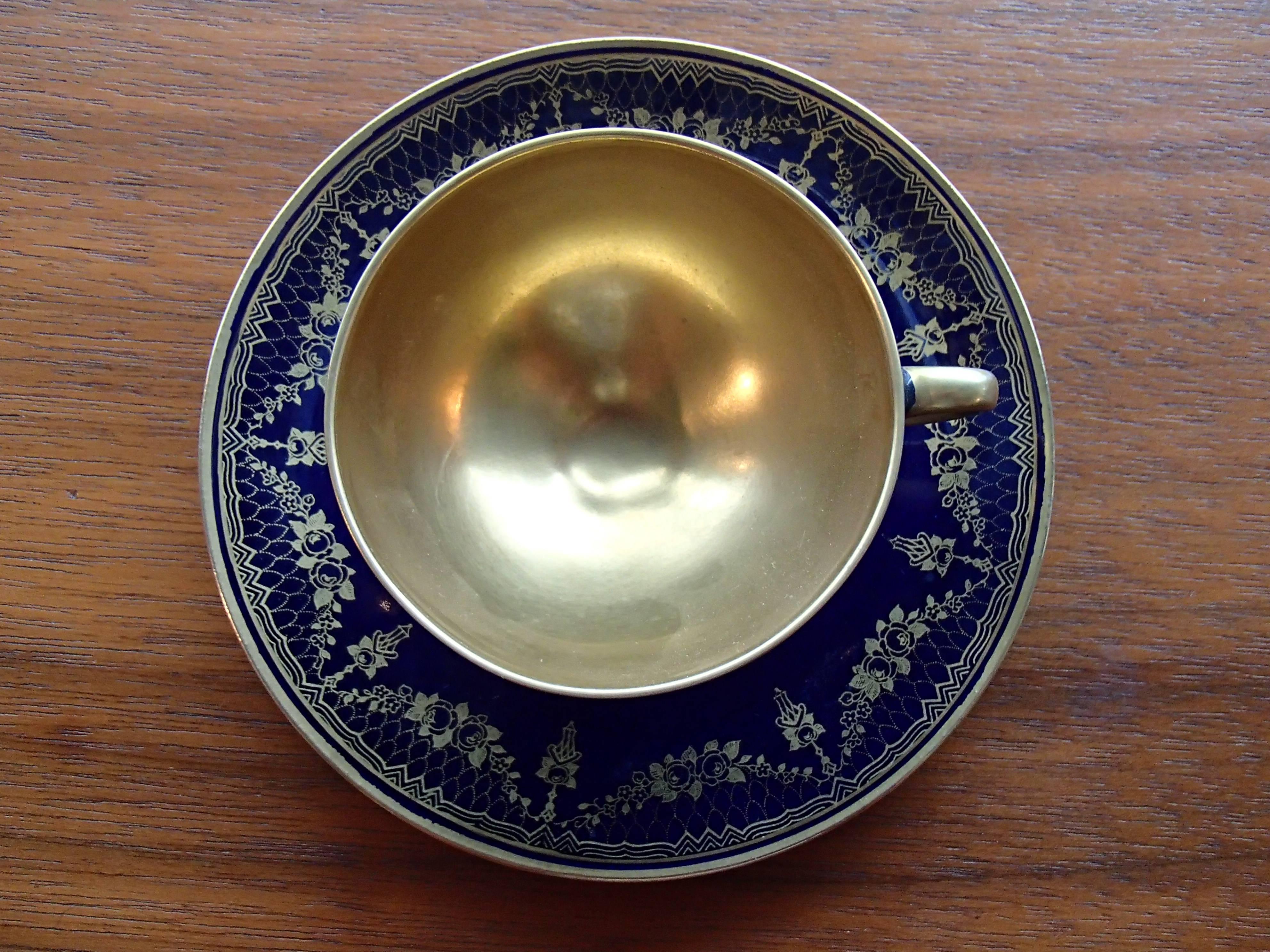 20th century Bavaria Jaegers coffee cup and sauces cobalt blue/gold.