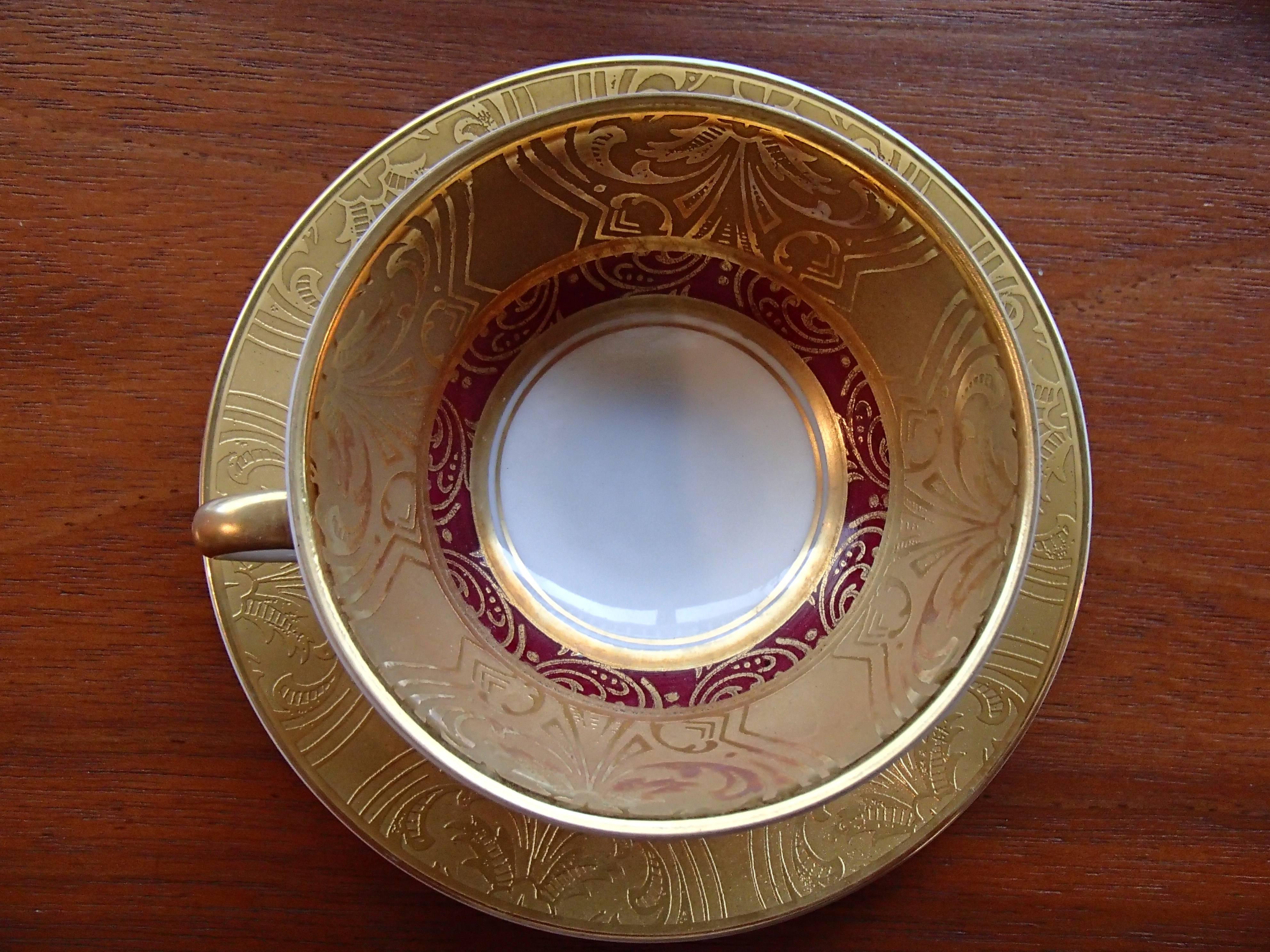 20th century coffee cup and sauces TRETTAU Bavaria real gold acid hand-painted.