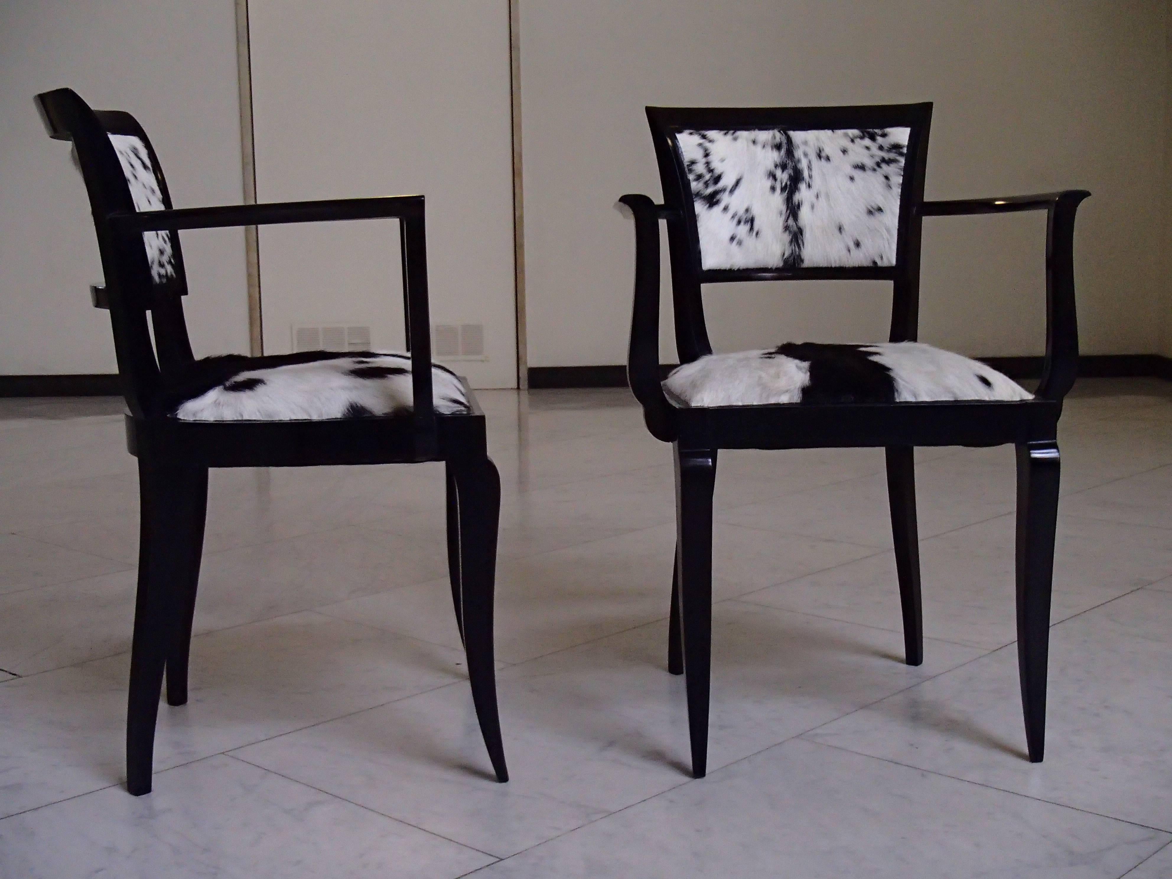 French Pair of Art Deco Side Chairs Black Recovered with Black and White Goat Skin