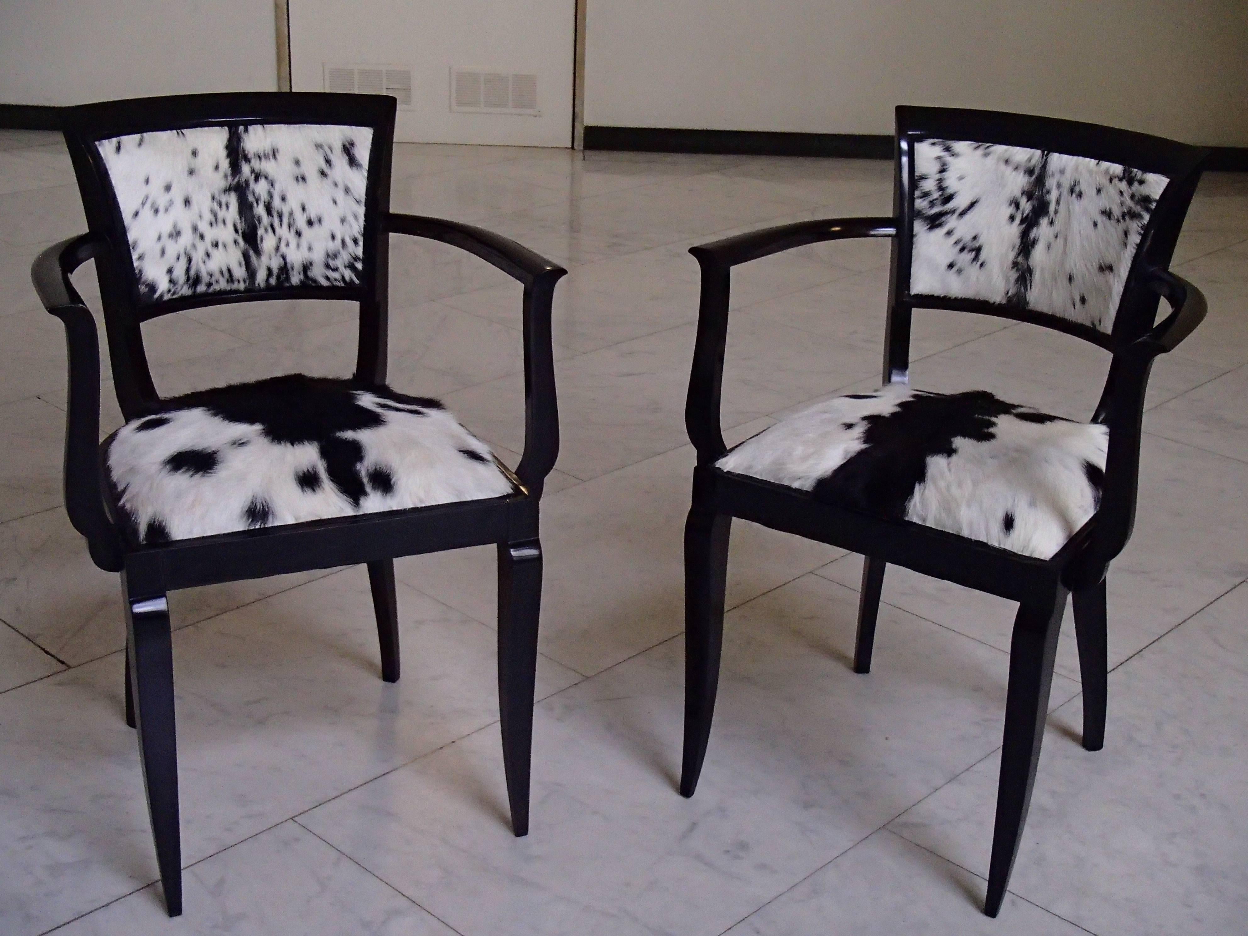 Lacquered Pair of Art Deco Side Chairs Black Recovered with Black and White Goat Skin