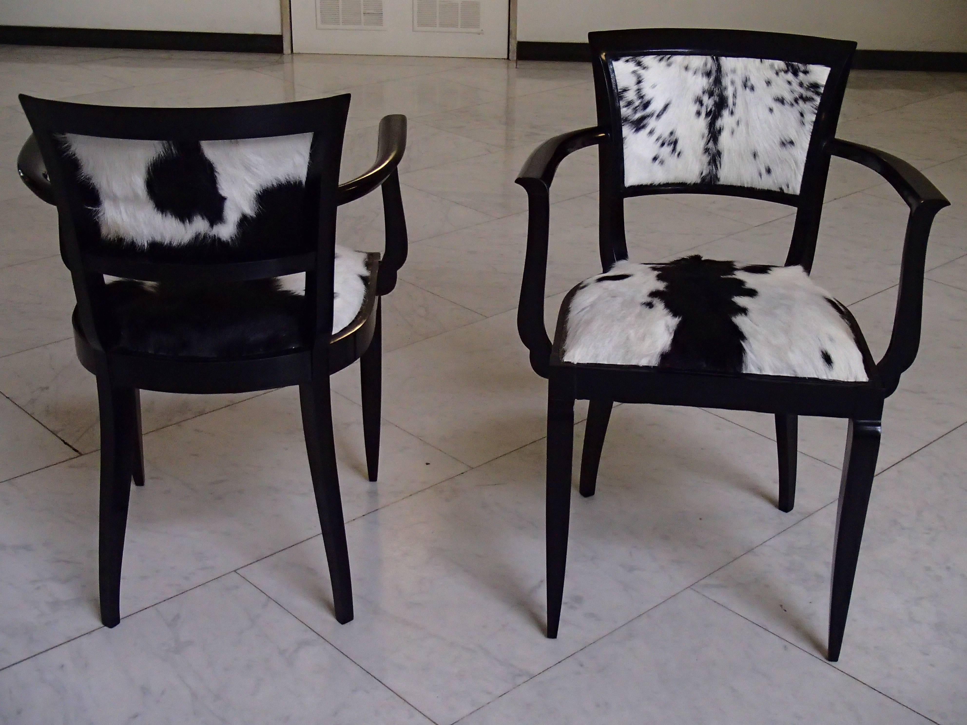 Pair of Art Deco Side Chairs Black Recovered with Black and White Goat Skin 1
