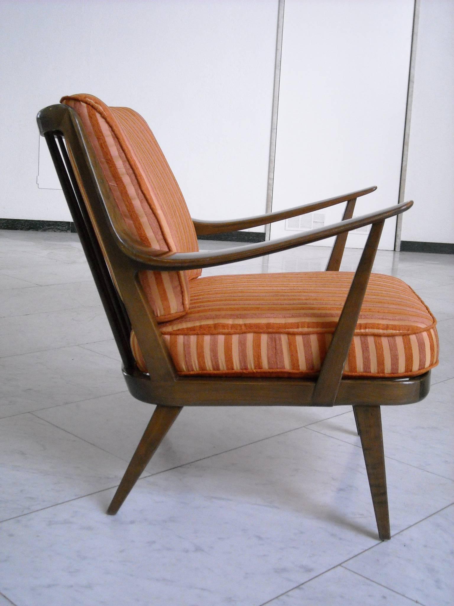 German Pair of Knoll Antimott armchairs tinted birch yellow orange silk recovered For Sale