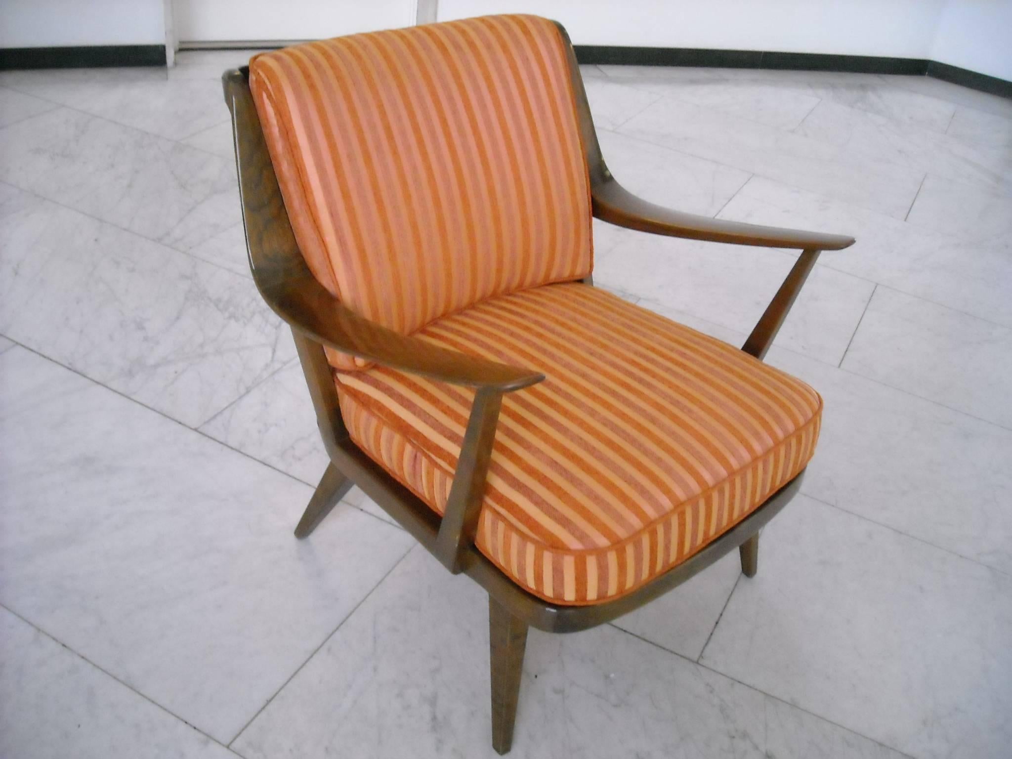 Mid-Century Modern Pair of Knoll Antimott armchairs tinted birch yellow orange silk recovered For Sale