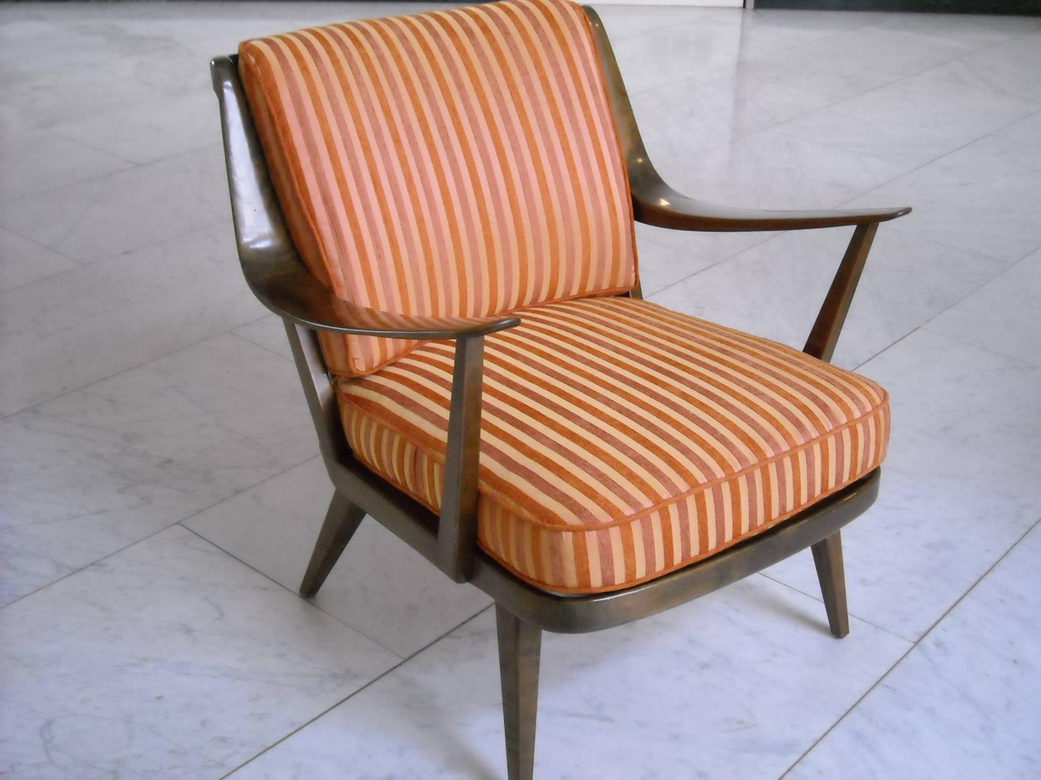 Hand-Crafted Pair of Knoll Antimott armchairs tinted birch yellow orange silk recovered For Sale