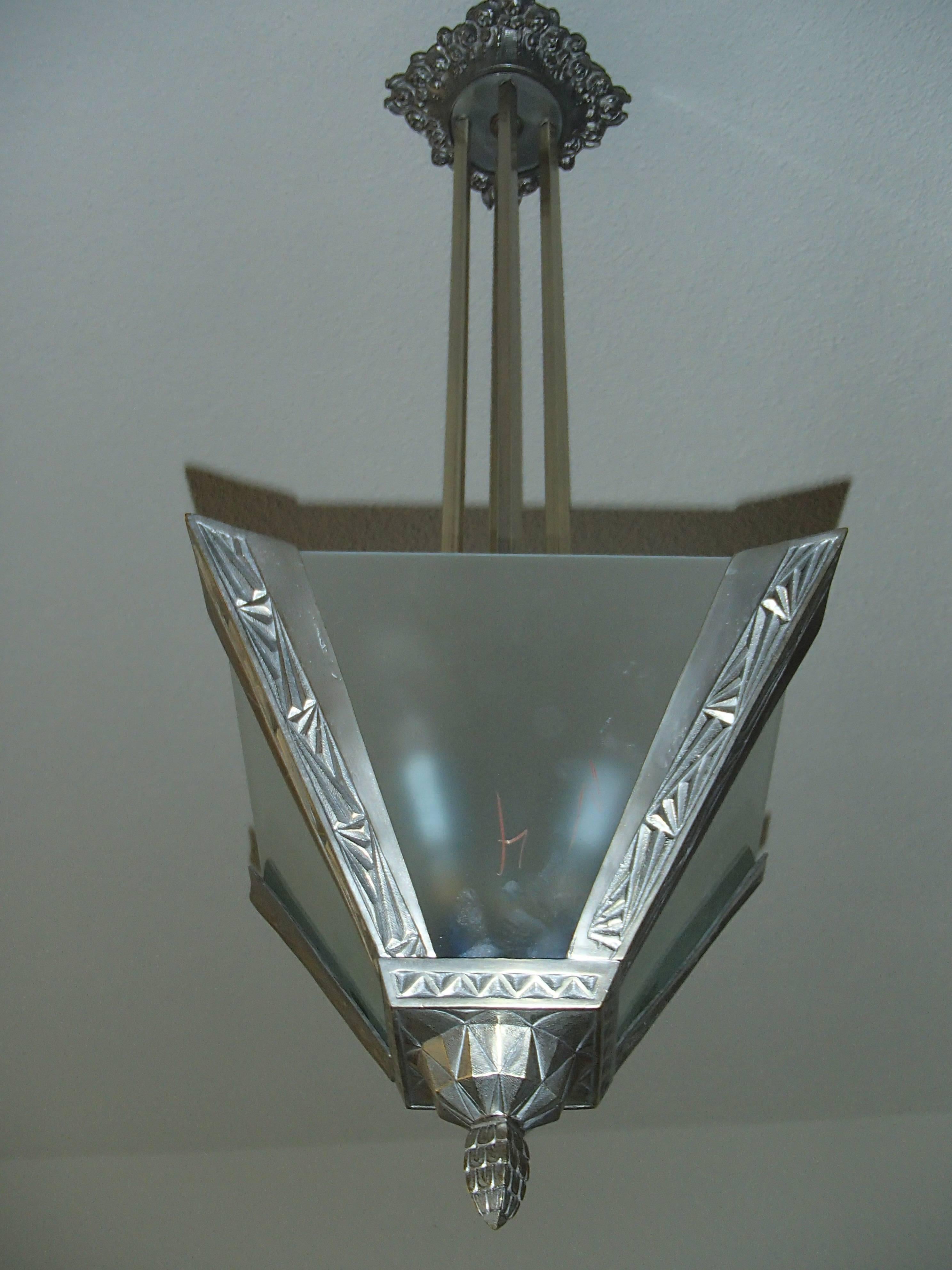 Art Deco bronze nickel chandelier with new satin glass with geometric pattern and floral ceiling fixture