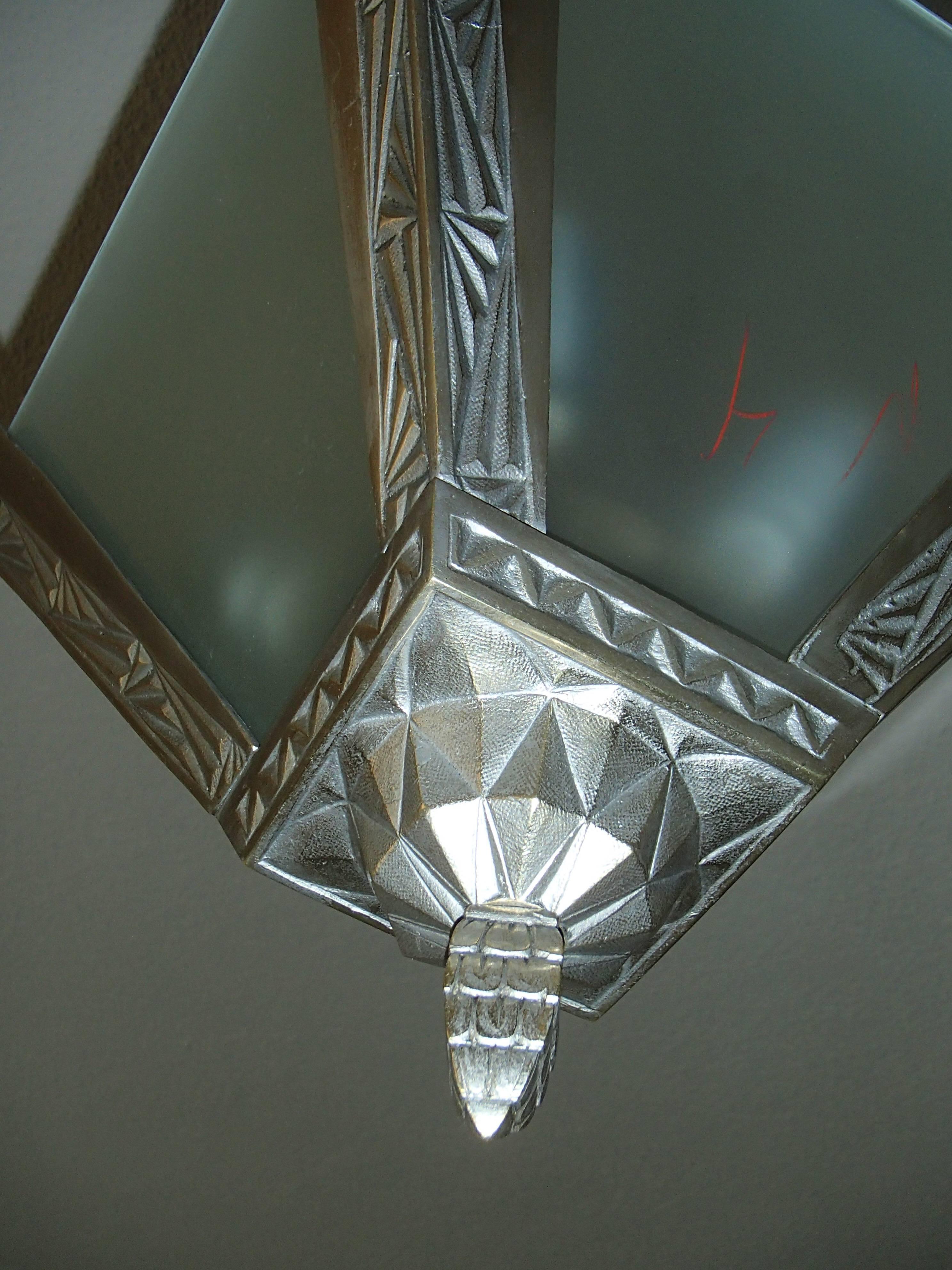 Glass Art Deco geometric  bronze nickeled chandelier with satined glass For Sale