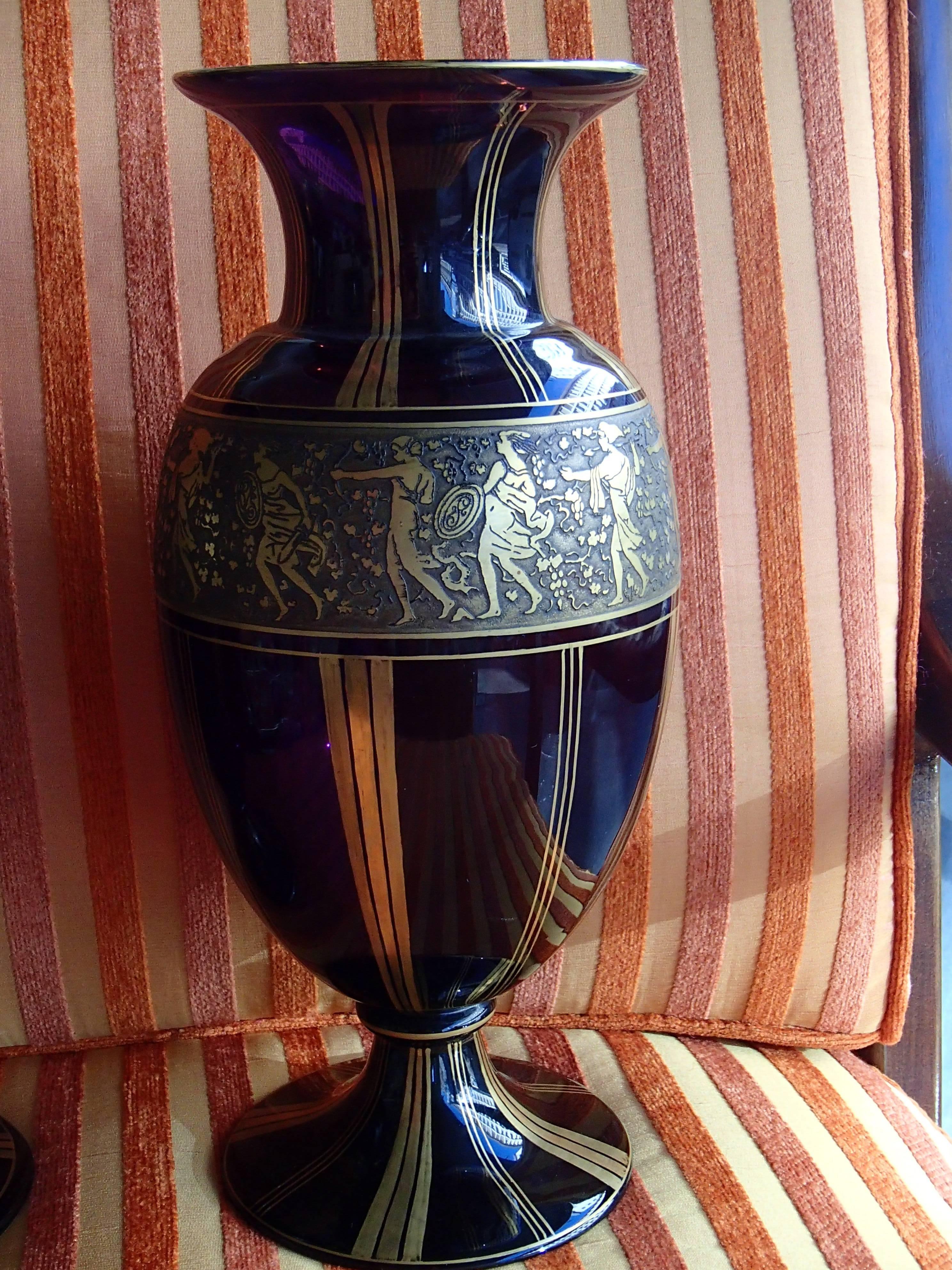 Hand-Painted Pair of Huge Ludwig Moser Karlsbad Vases with Gold Mythological Motives For Sale