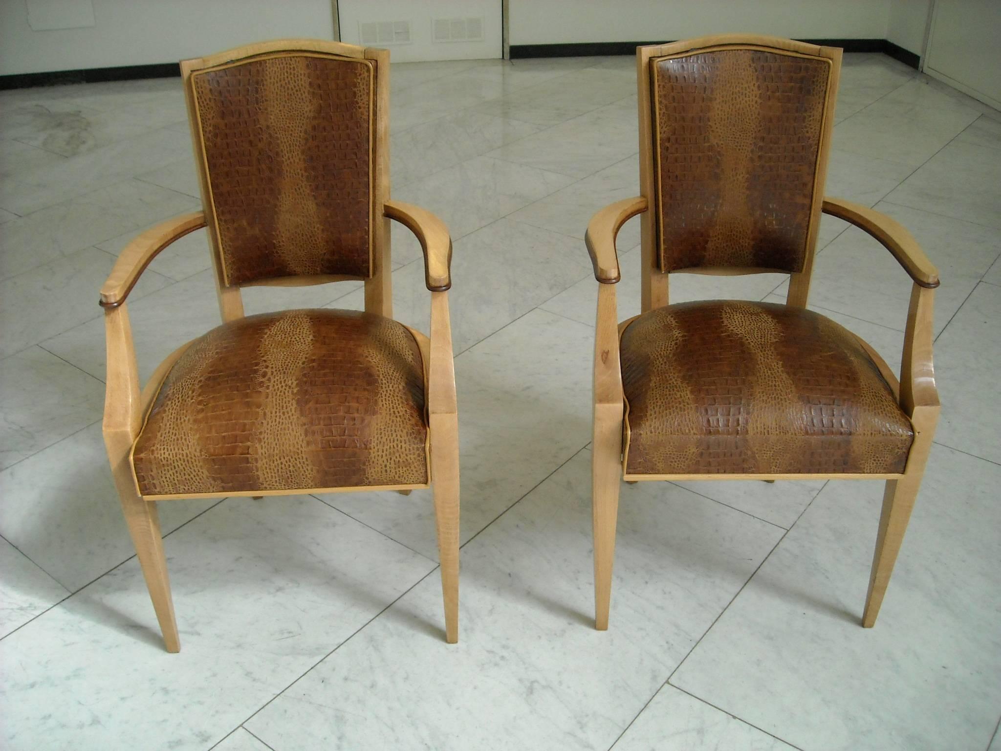 Art Deco Pair of 1940 This Side Chairs Birch with Real Leather in Crocodile Print For Sale