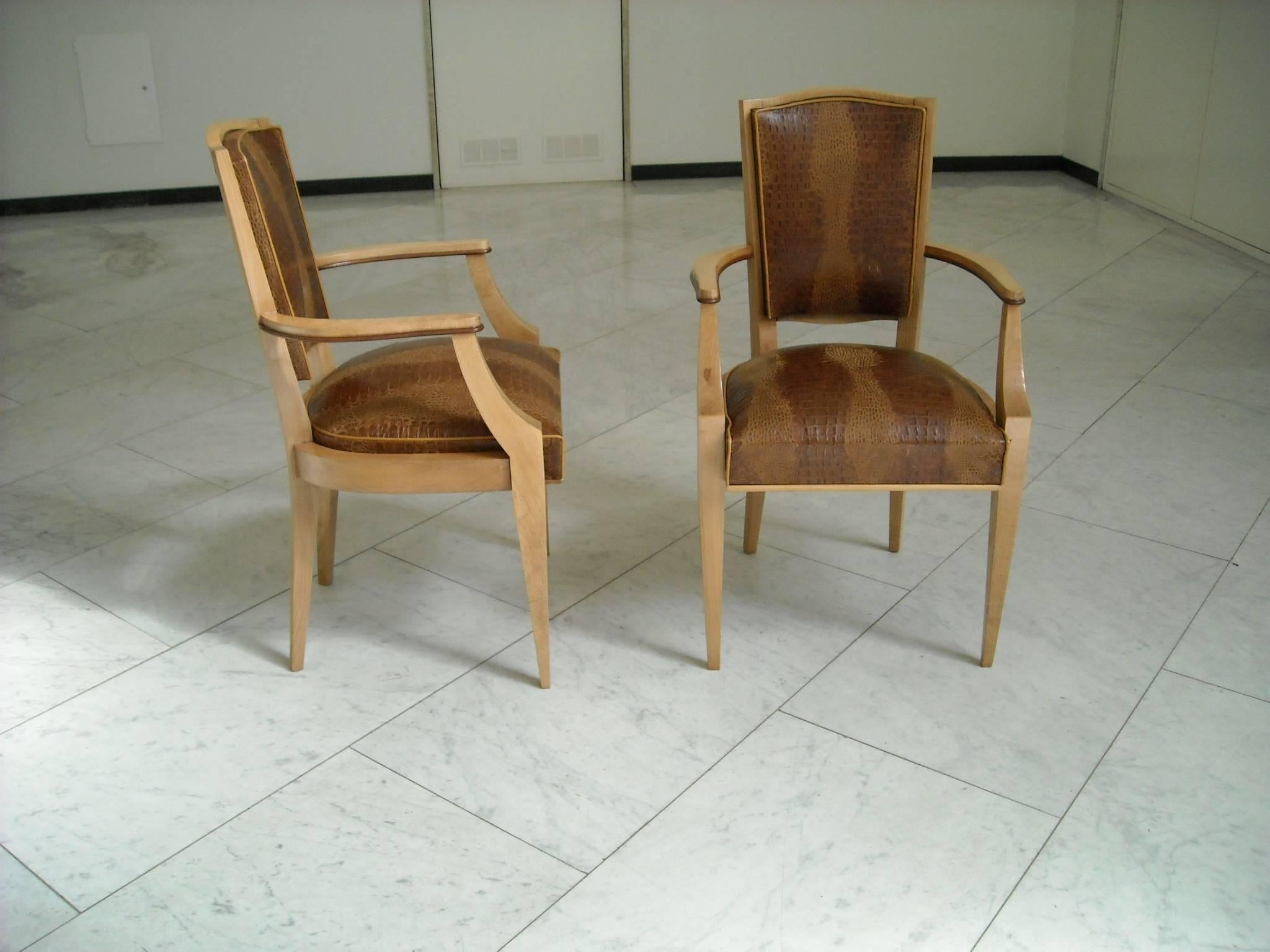 Hand-Crafted Pair of 1940 This Side Chairs Birch with Real Leather in Crocodile Print For Sale