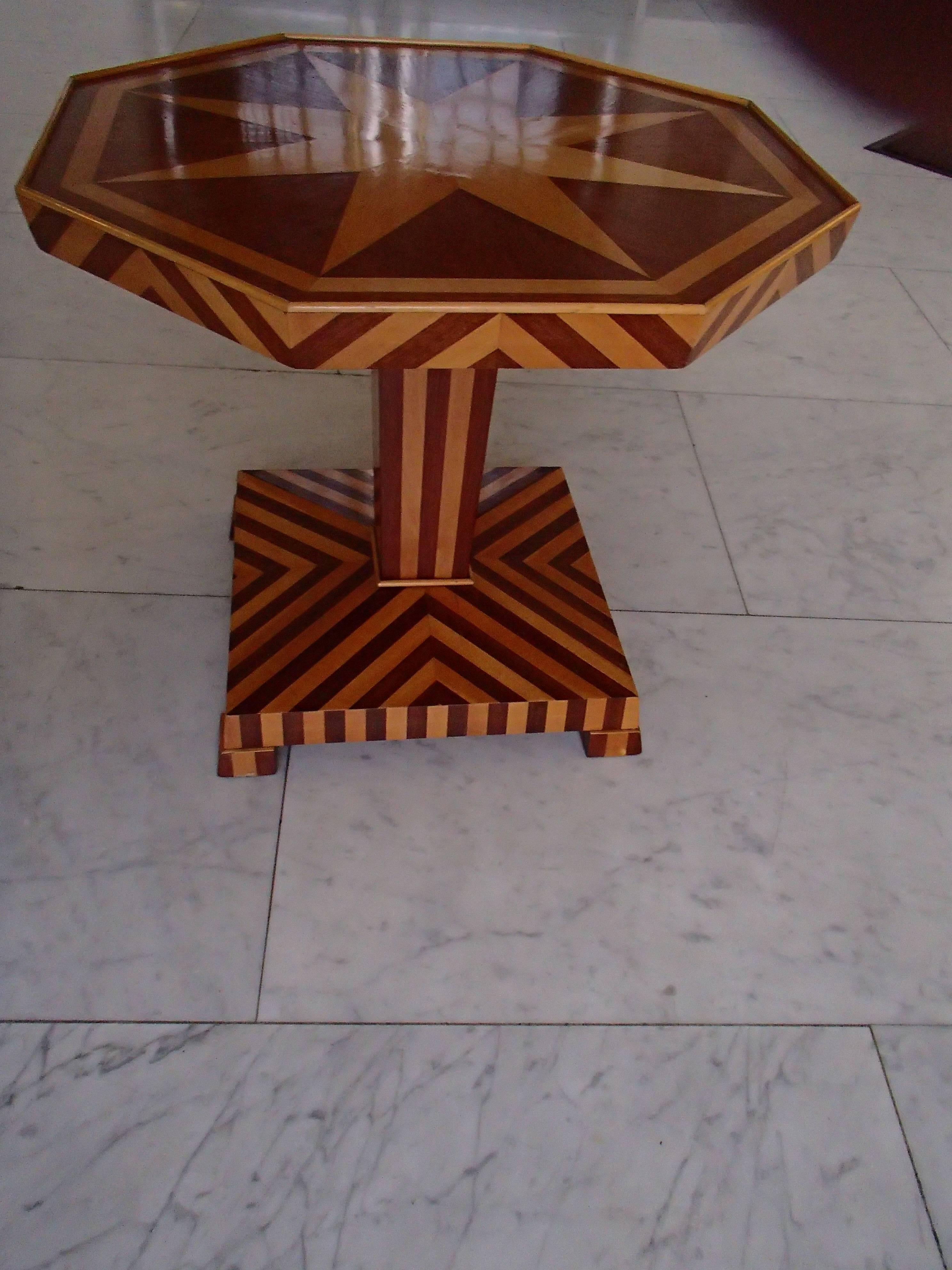 1920 small all-over inlay octagonal table mahogany and birch restored with shellac.