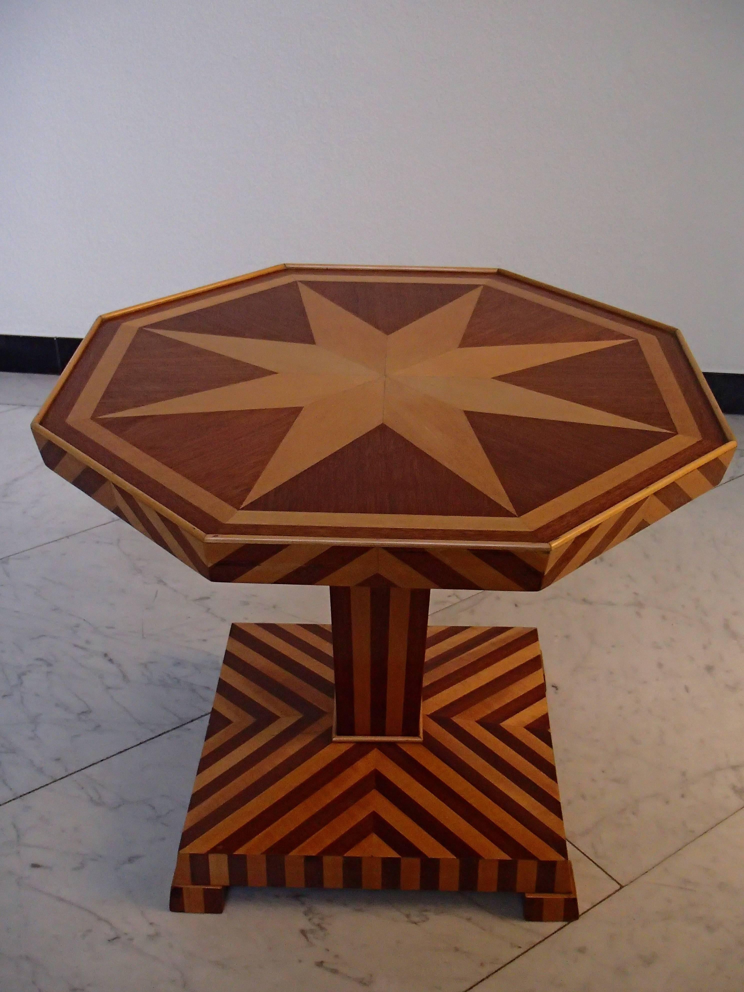 Early 20th Century 1920 Small All-Over Inlay Octagonal Table Mahogany and Birch