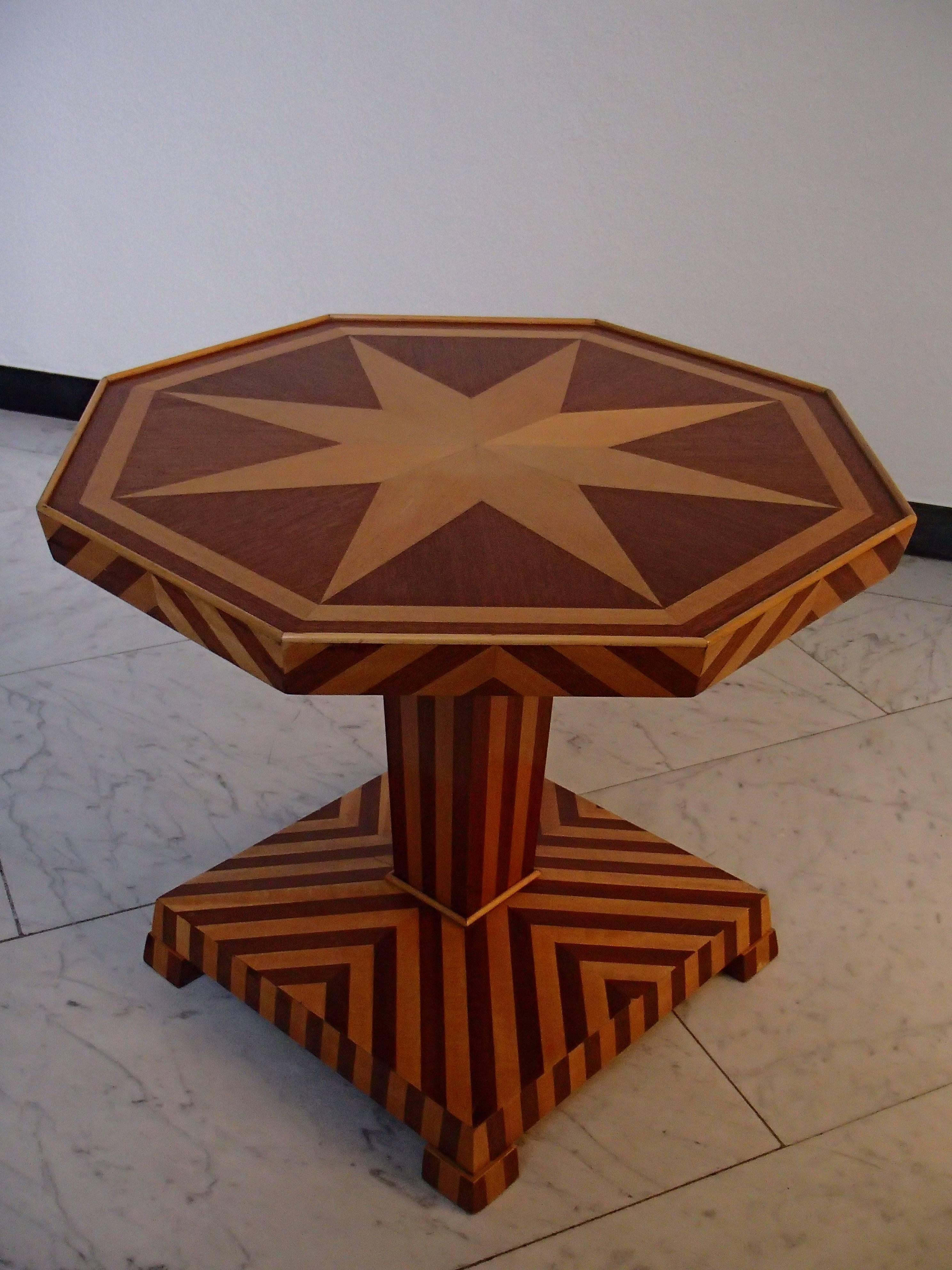 1920 Small All-Over Inlay Octagonal Table Mahogany and Birch 1
