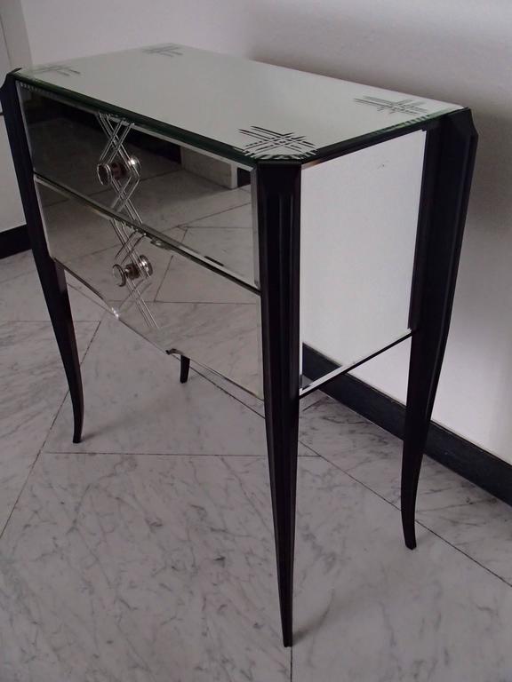 Art Deco Small Console Drawer Cabinet Engraved Mirror Black Curved