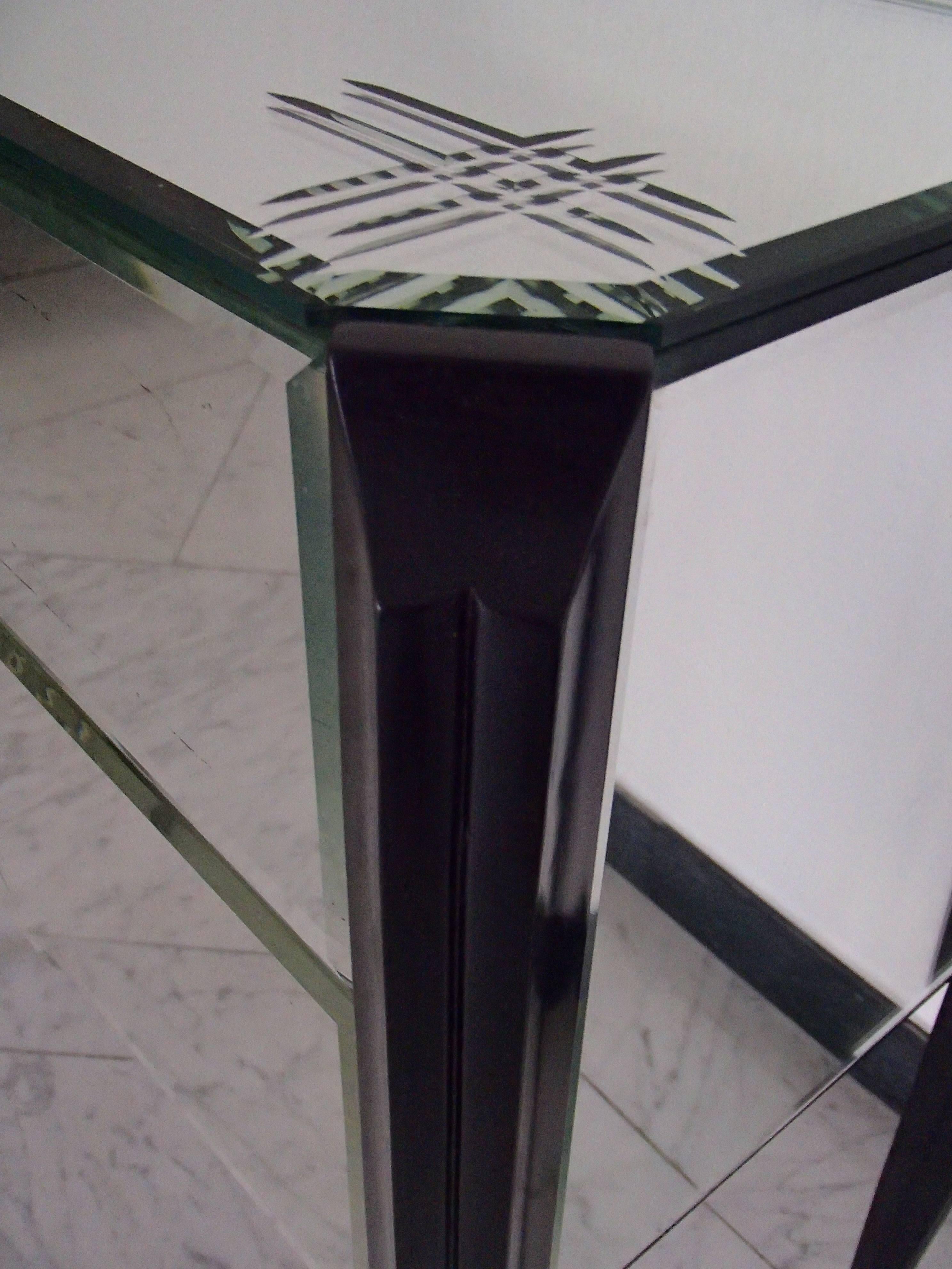 Lacquered Art Deco Small Console Drawer Cabinet Engraved Mirror Black Curved Legs