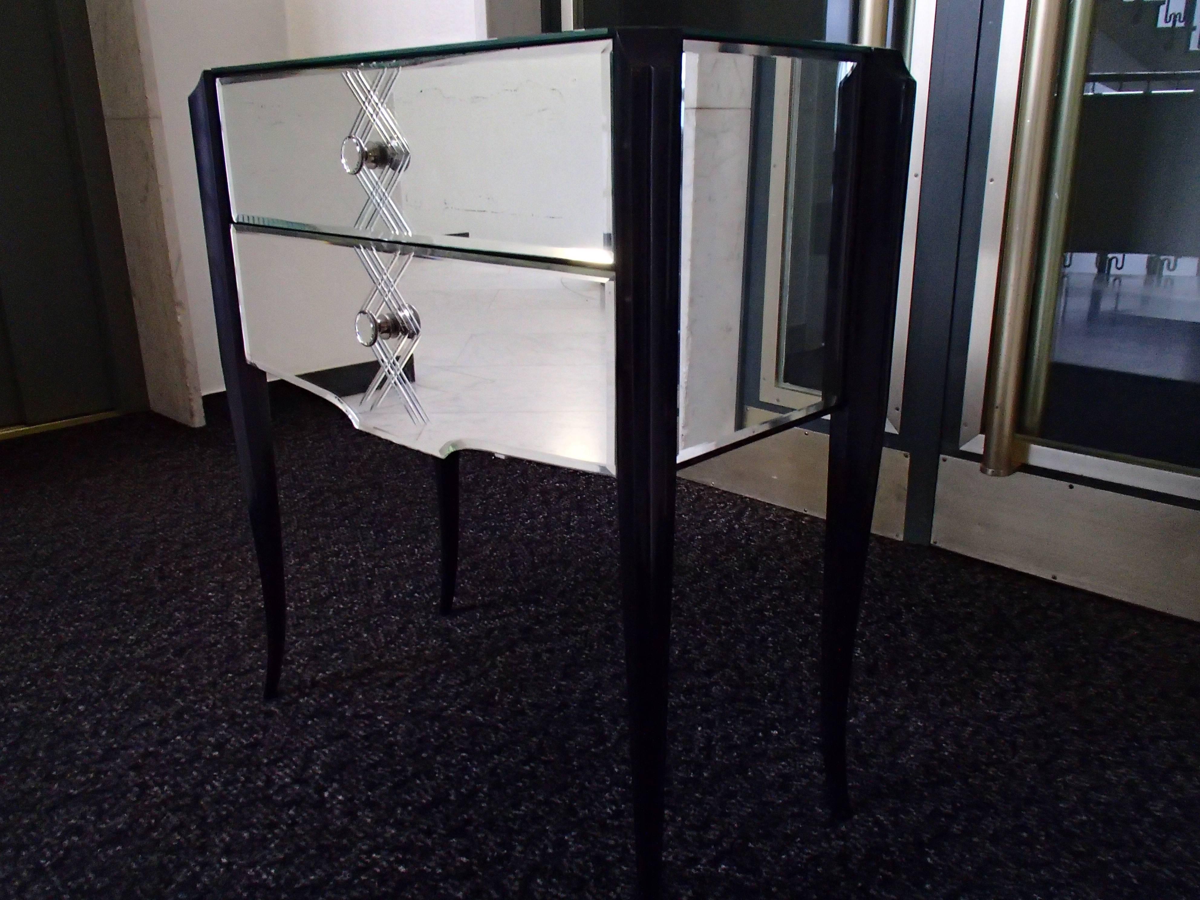 Mid-20th Century Art Deco Small Console Drawer Cabinet Engraved Mirror Black Curved Legs