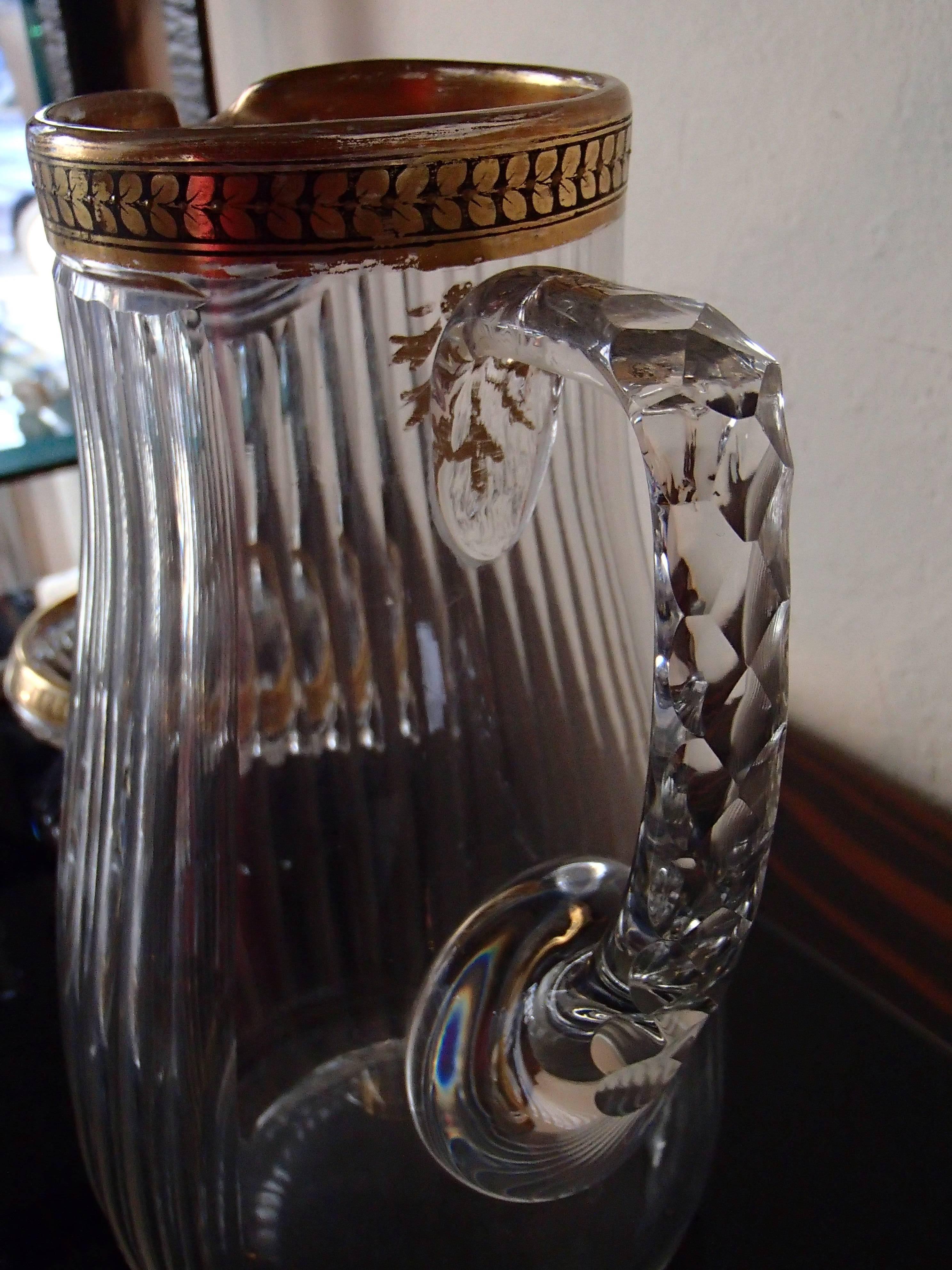 Czech 1920 Bohemian Crystal Set of Six Cups and Jug Gold Leaf Paint For Sale