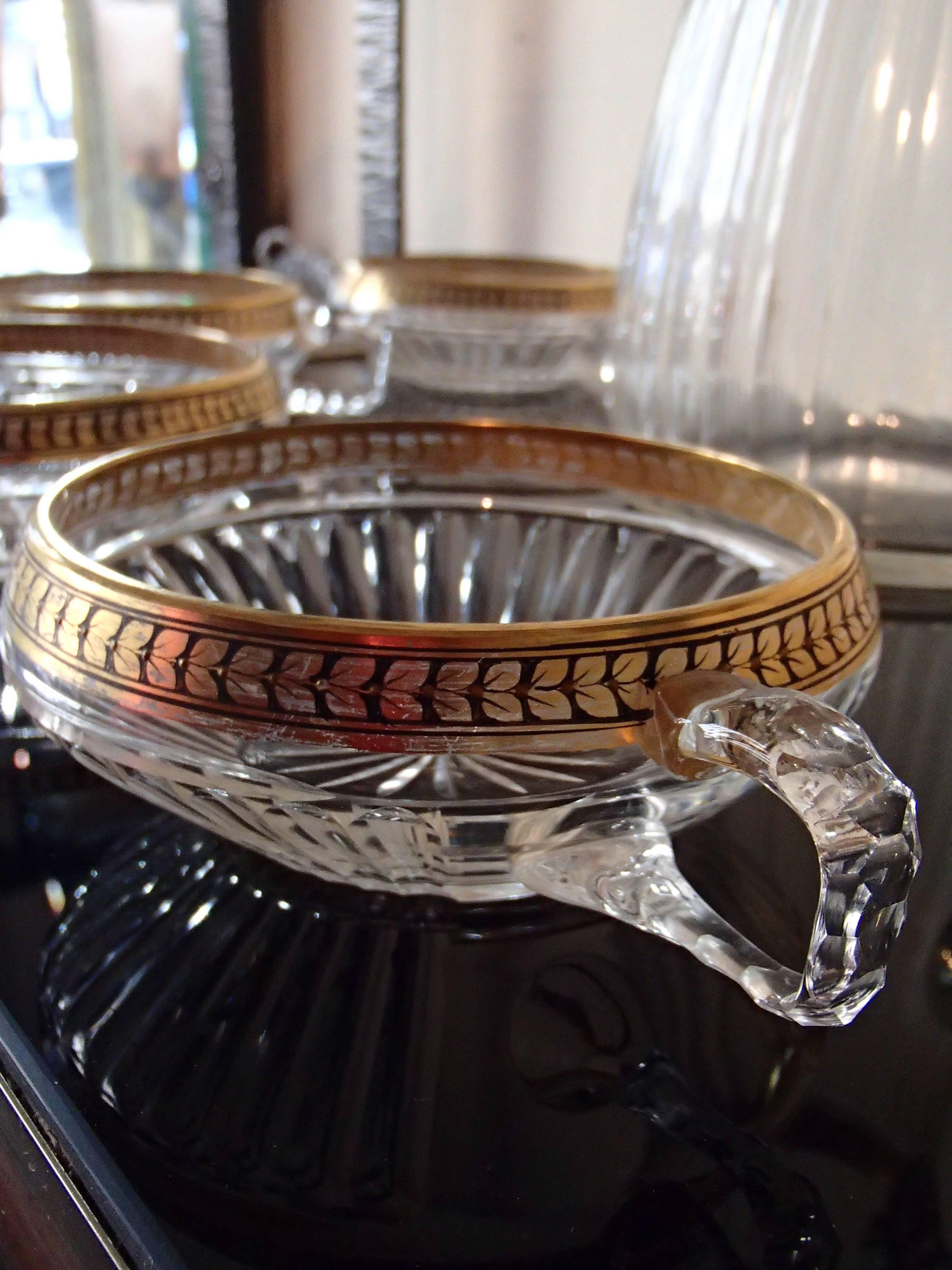 Carved 1920 Bohemian Crystal Set of Six Cups and Jug Gold Leaf Paint For Sale