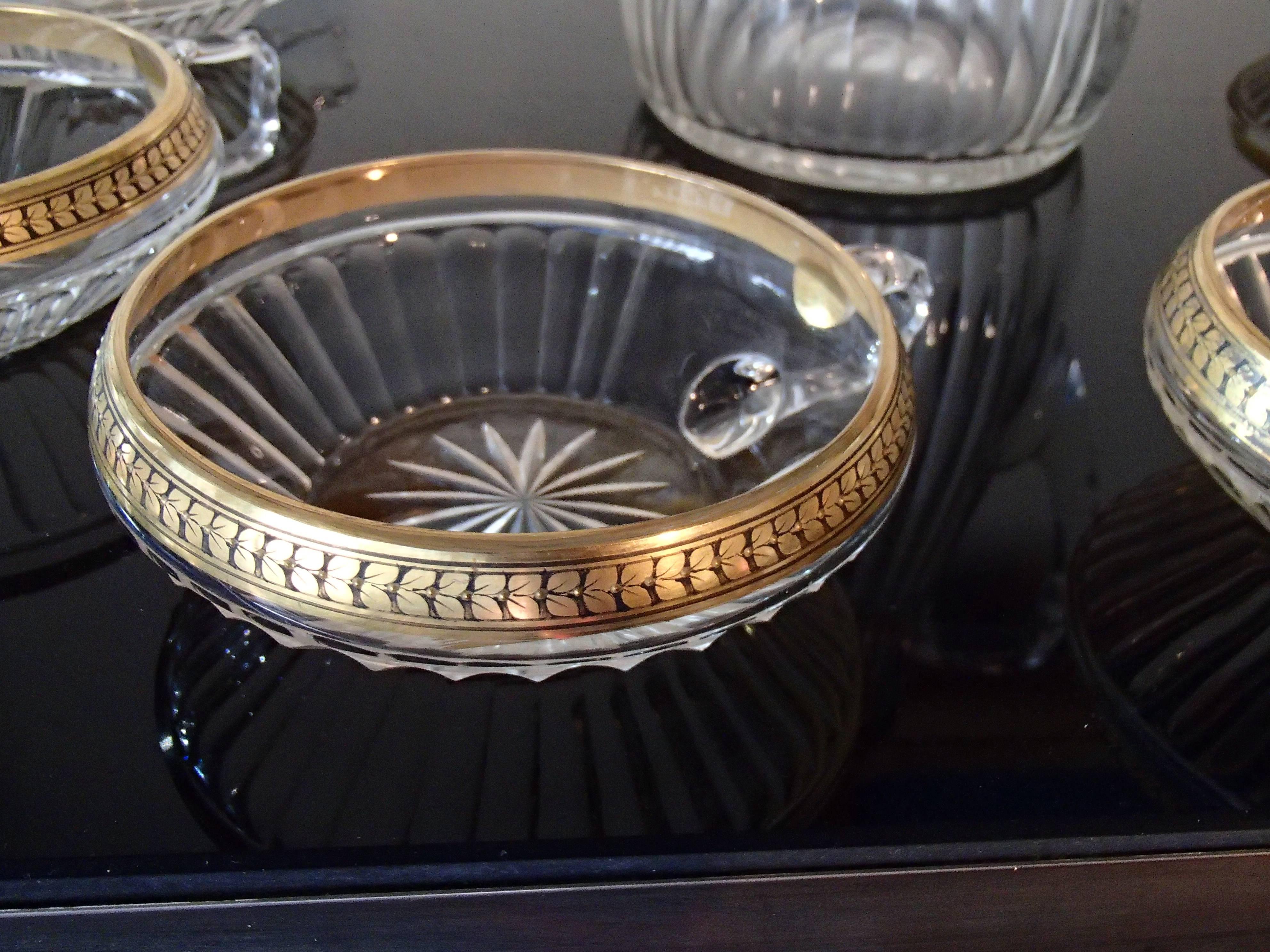 1920 Juego de cinco tazas y jarra de cristal de Bohemia Pintura de pan de oro Checo en venta