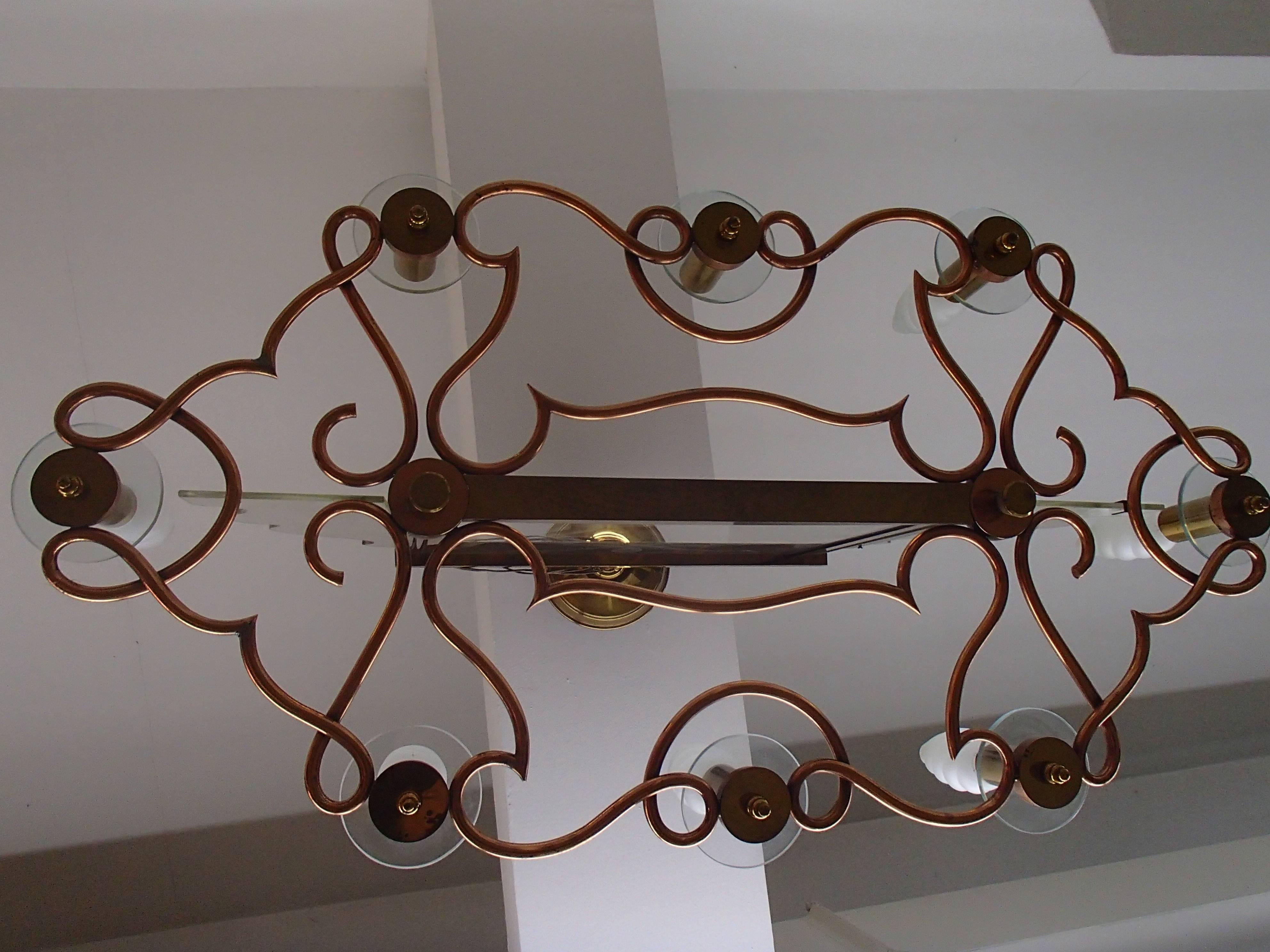 1940 huge copper brass and graved glass chandelier with eight bulbs glass in perfect condition.