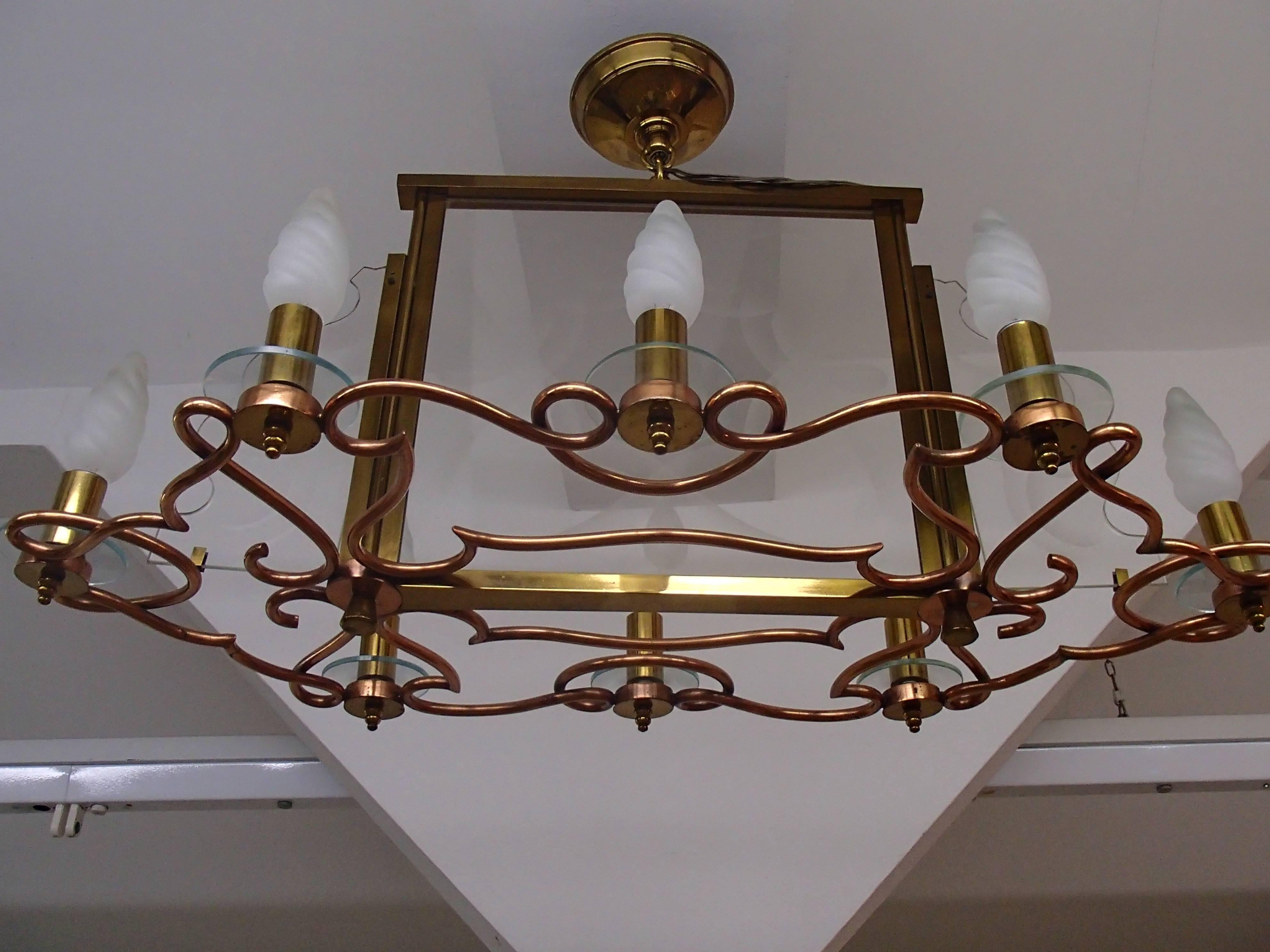 Art Deco 1940 Huge Decorative Copper Brass and Graved Glass Chandelier For Sale