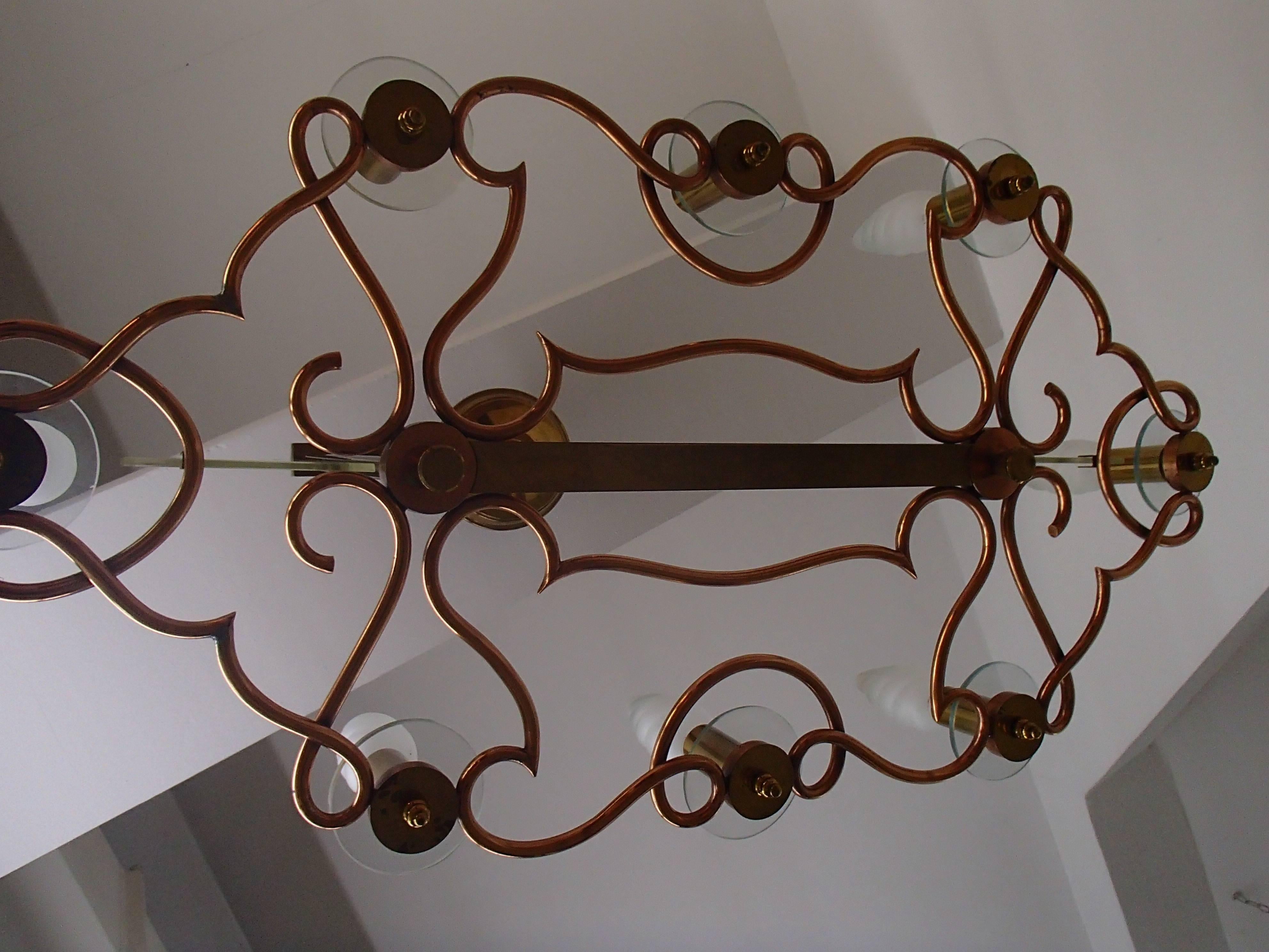 1940 Huge Decorative Copper Brass and Graved Glass Chandelier For Sale 2