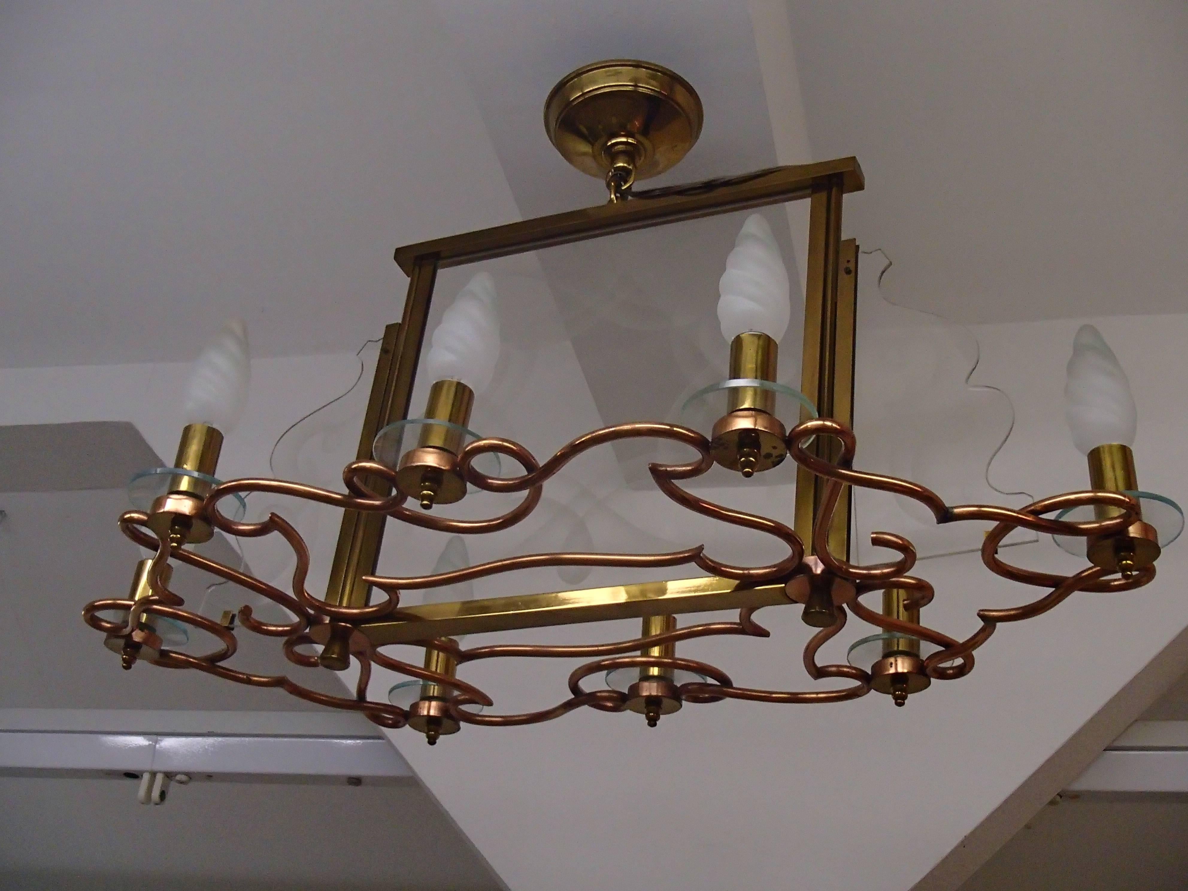 1940 Huge Decorative Copper Brass and Graved Glass Chandelier For Sale 3