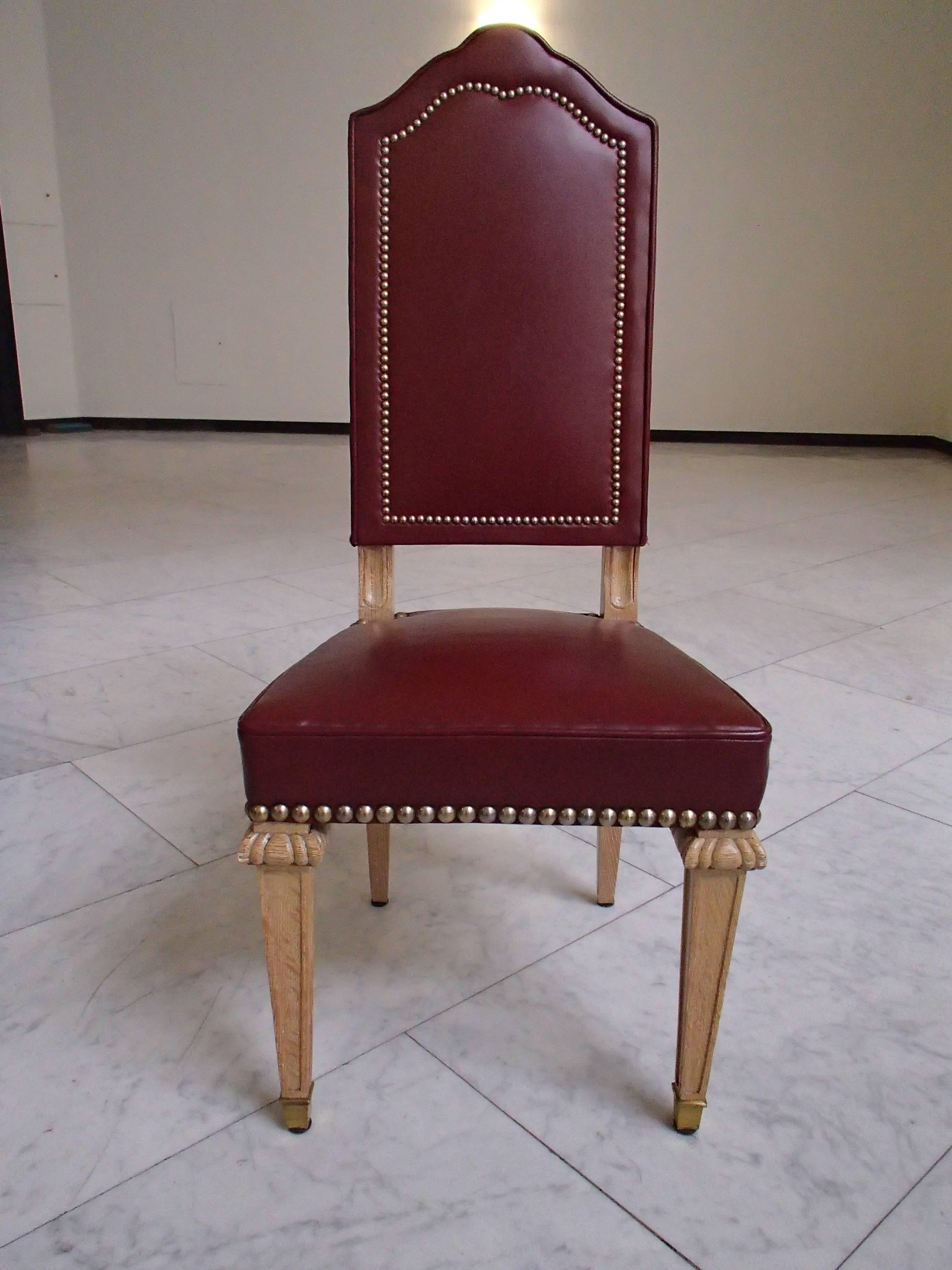 French Six Dining Room Chairs Dark Red Leather Cerused Oak For Sale